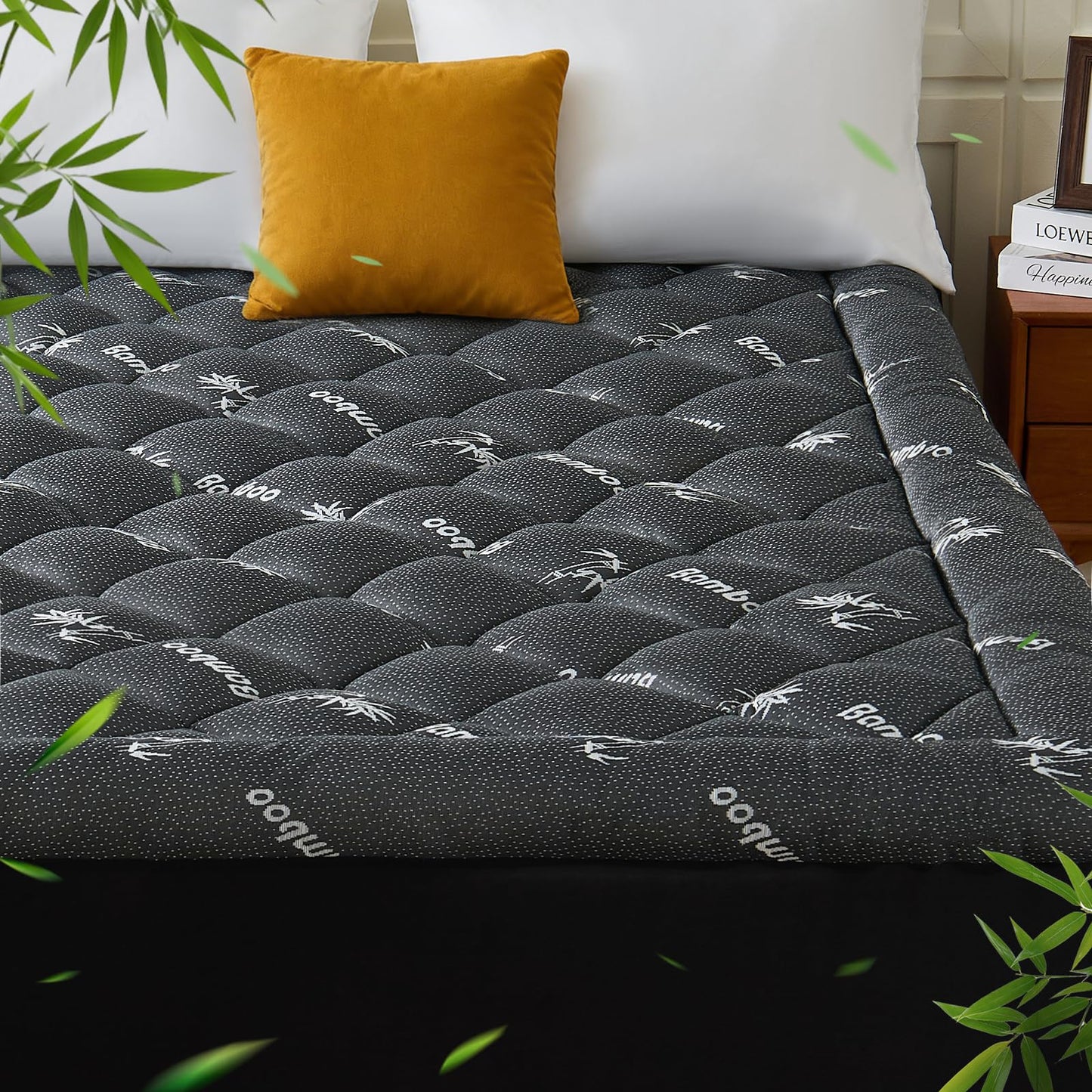 KRIMANO Full Mattress Topper, Viscose Derived from Bamboo Thick Pillow Top Mattress Pad with Deep Pocket, Naturally Cooling for Hot Sleepers, Soft for Back Pain Relief, Premium Dark Grey