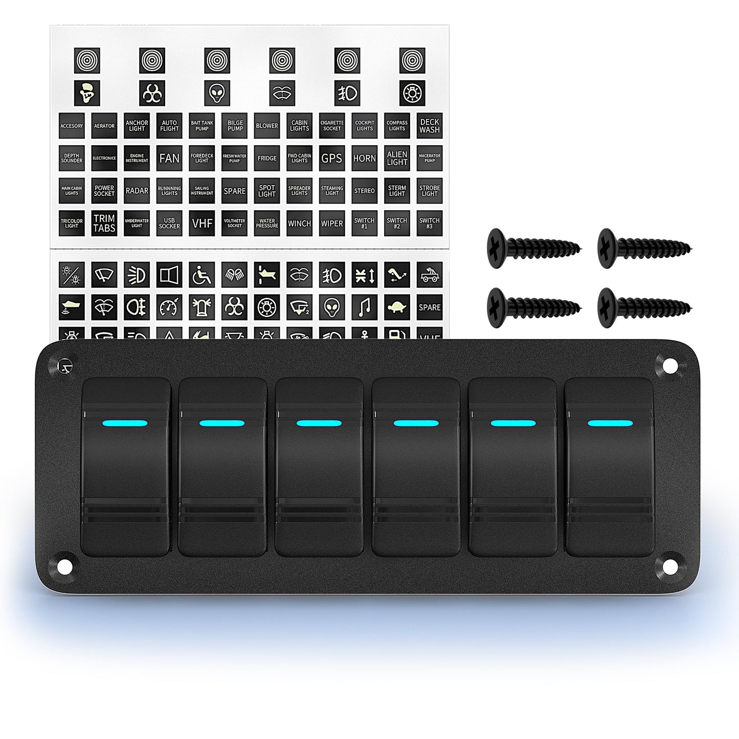Joinfworld 6 Gang Rocker Switch Panel Waterproof, 12V LED Light Bar Switch Panel for Boat Marine Automotive Car Truck RV UTV, 12 Volt Rocker Toggle Switch 3 Pin ON/Off with Blue LED Pre-Wired