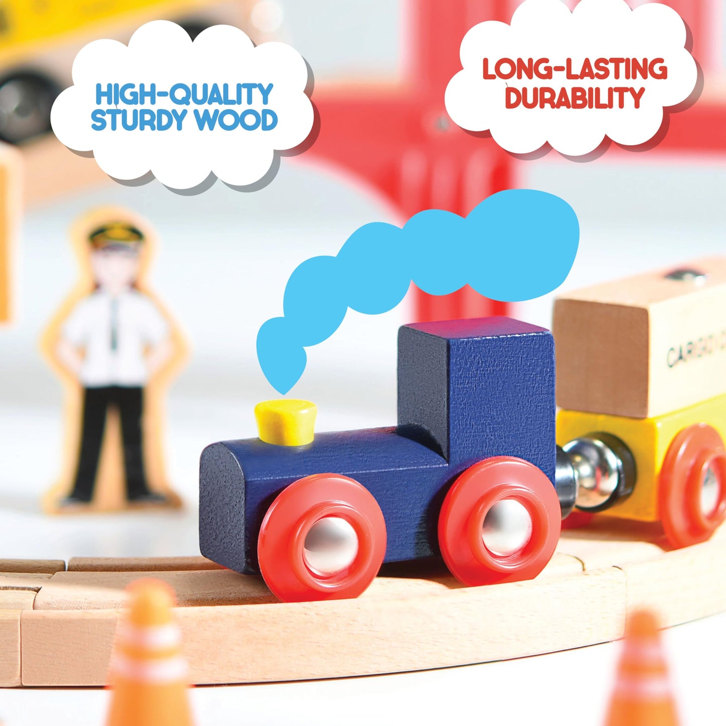 Wooden Train Set Toddler Toys - 38 Pcs Wood Train Track Set for Toddlers 3-4 Years with Crane, Bridge & Accessories - Compatible with All Major Brands
