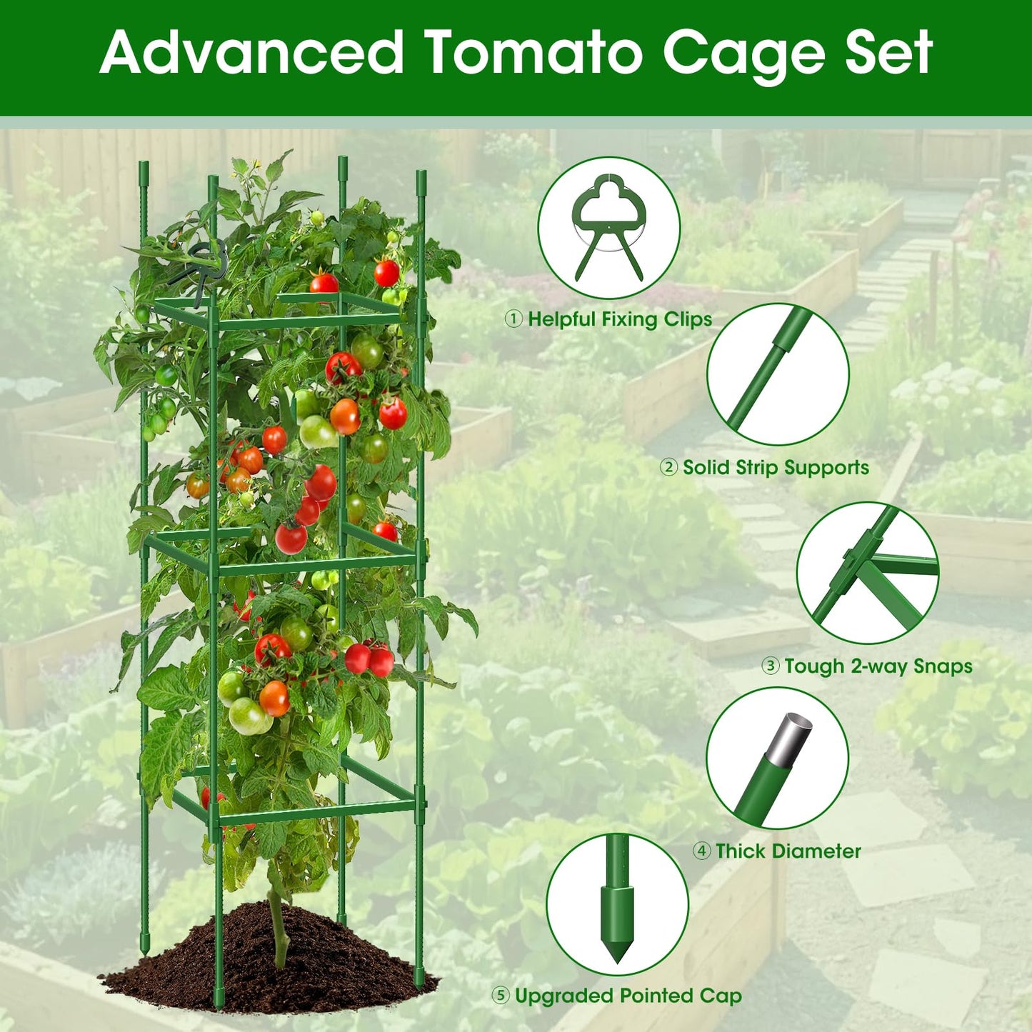 MQJIZHI 3 Pack Tomato Cages for Garden, Upgraded Adjustable Tomato Trellis for Raised Garden Beds up to 55in/140cm, Heavy Duty Plant Support for Climbing Vegetables, Flowers & Fruits(Square)