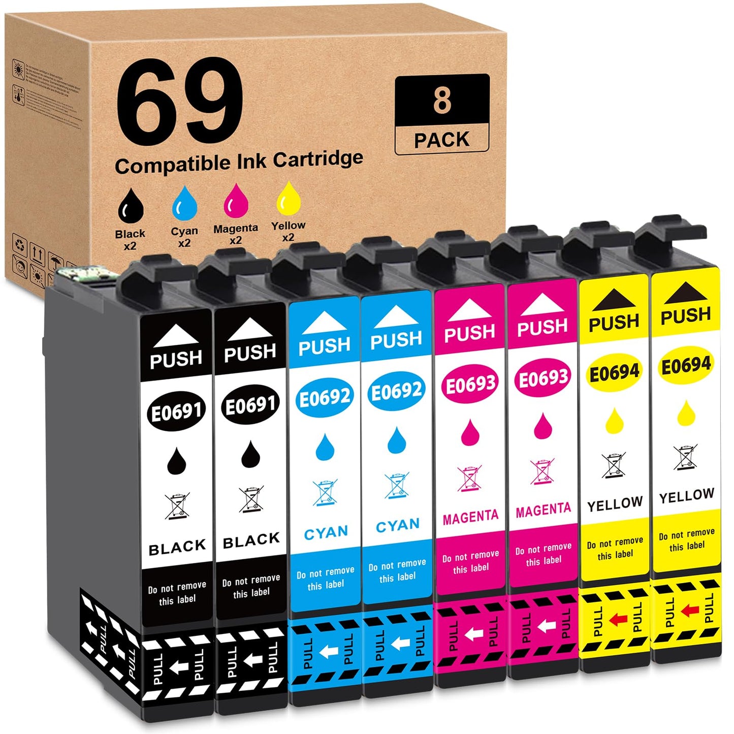 Remanufactured T069 Ink Cartridge Replacement for 69 Blakc and Color with Stylus CX5000 CX6000 CX7000F N10 N11 NX100 NX105 NX110 NX115 NX200 NX215 NX300 Workforce 310 315 500 600 (8 Pack)