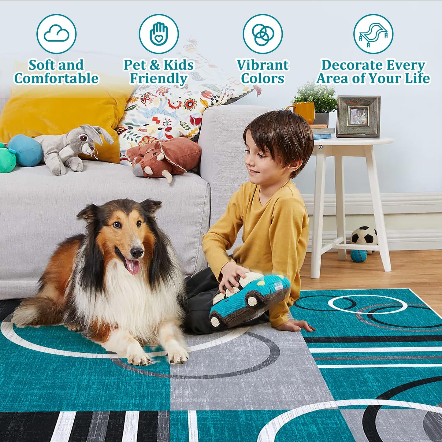 RUGSREAL Washable Area Rug 5x7 Abstract Circles Non Slip Floor Carpet Contemporary Soft Low Pile Accent for Indoor Living Dining Room, Turquoise
