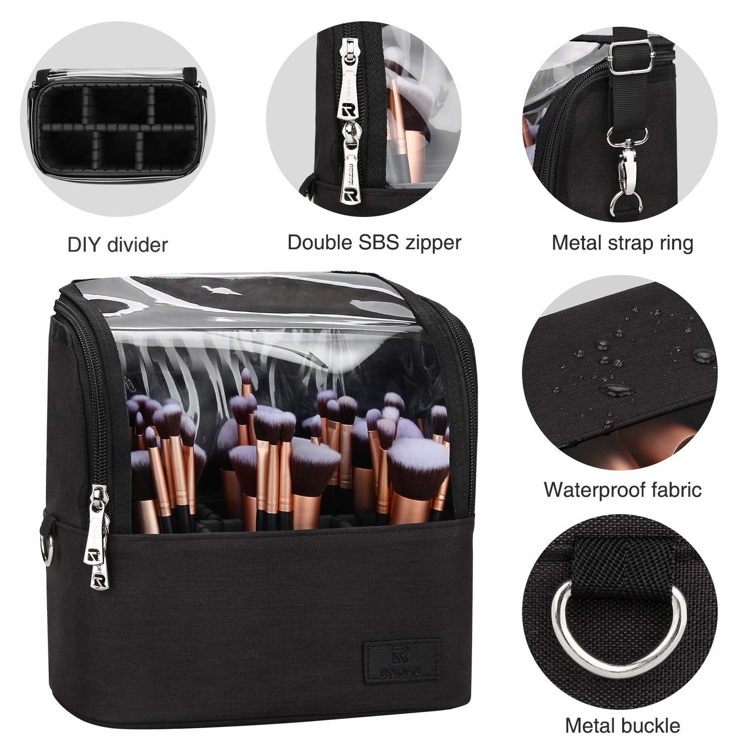 Relavel Travel Cosmetic Bag, Stand-up Makeup Brush Bag with Adjustable Divider, Professional Makeup Artist Storage Case, Large Capacity Train Case Organizer for Women and Girls, Black