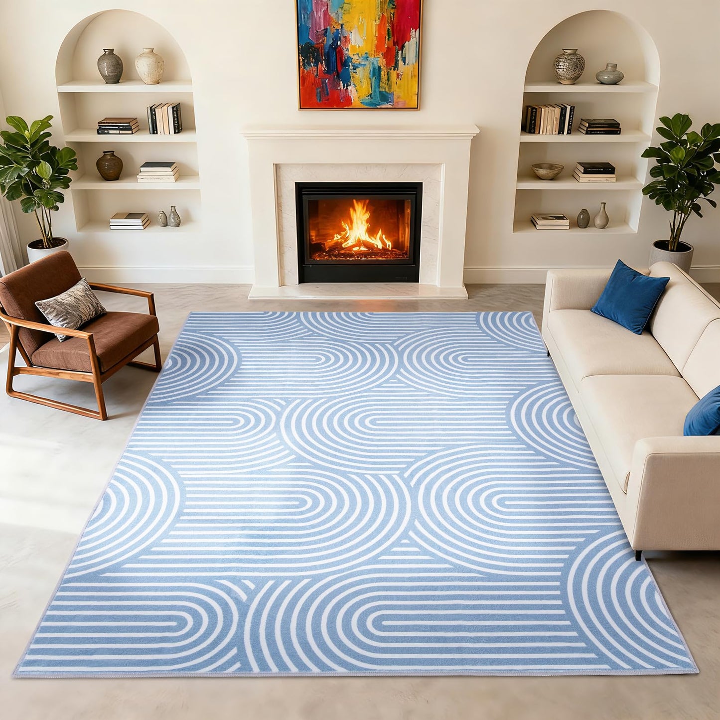 Area Rug 5x7 for Living Room, Washable Geometric Rug for Bedroom, Low Pile, Soft & Non-Slip Abstract Large Carpet for Classroom, ‎Dining Room, Office, Kids Playroom, Blue