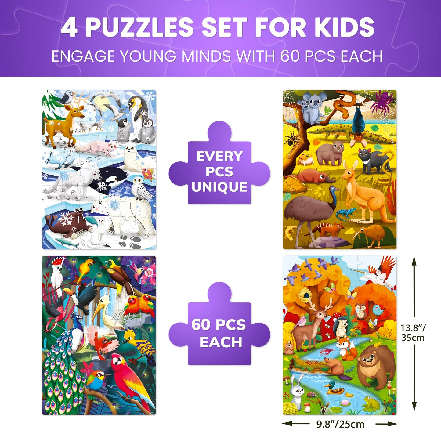 QUOKKA Puzzles for Kids Ages 4-6 – Set of 4x60 Jigsaw Puzzles for Toddlers 3-5 – Polar, Birds, Animals Toys Children 6-8 yo – Gift Educational Game Boys and Girls Who Love Nature and Wildlife