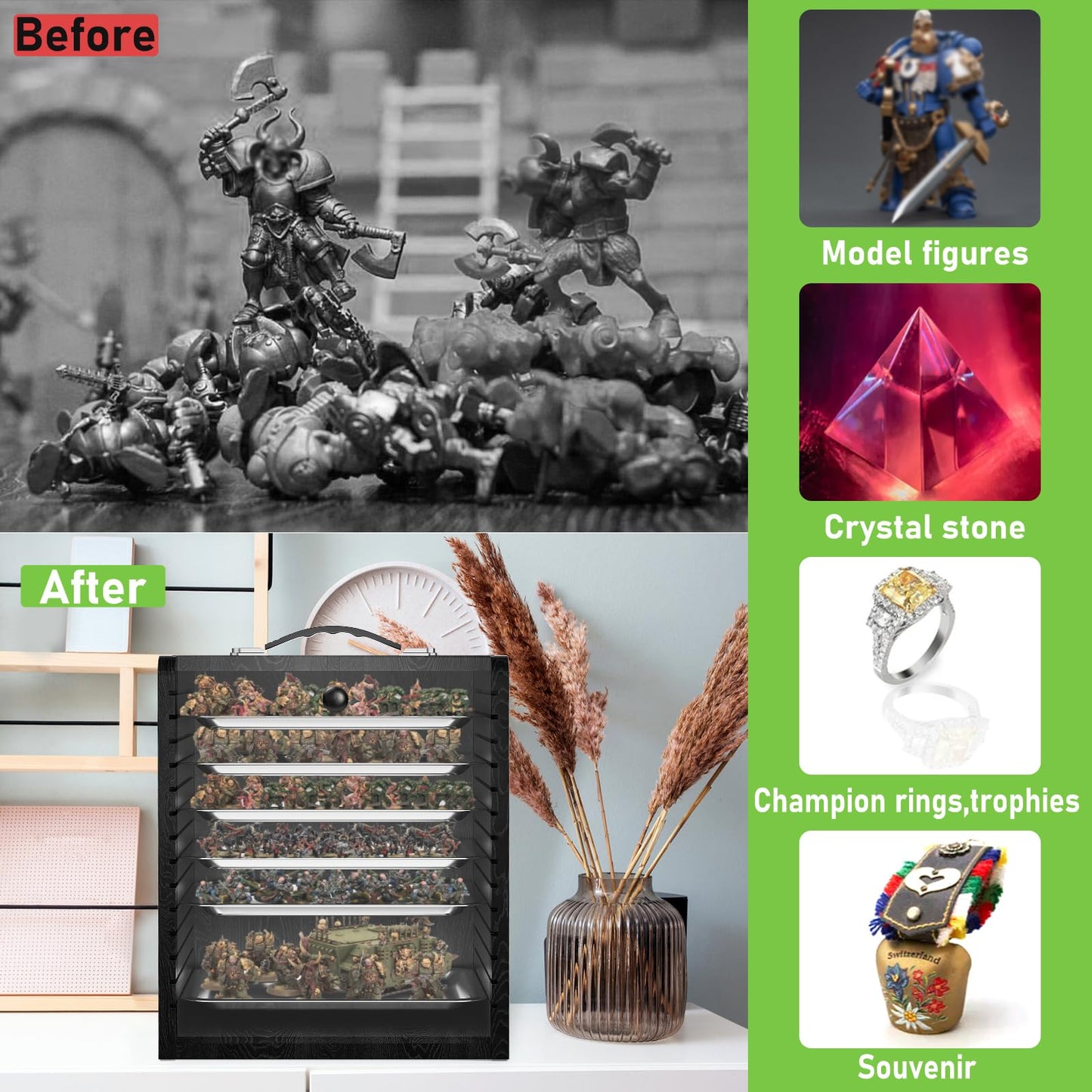 AKOZLIN Miniature Display Case for Collectibles Miniatures with 6 Trays & Handle Wooden Miniature Carrying Transport Case,Black