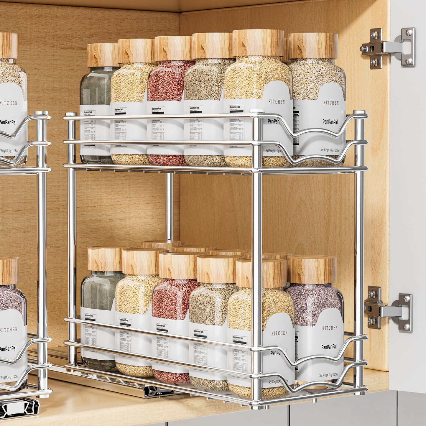 PanPanPal Pull Out Spice Rack Organizer for Inside Cabinet, 2 Tier Slide Out Spice Organization for Cabinet, Chrome Vertical Sliding Seasoning Organizer, 4.9''Wx10.4''Dx9.57''H