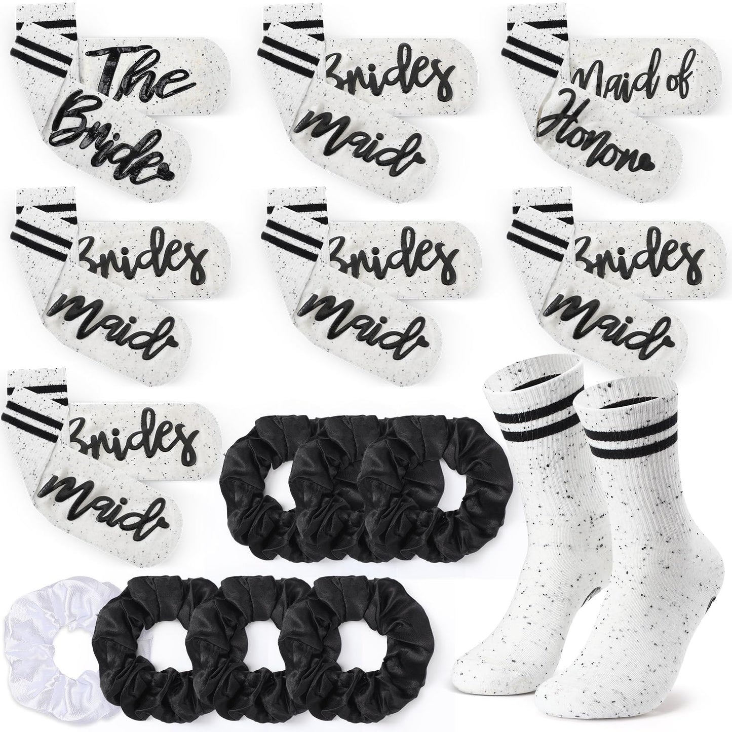 Toulite 7 Pairs Bride Bridesmaid Socks 7 Satin Bridesmaid Scrunchies Women Wedding Gifts Set Bachelorette Party Favors (Novel)
