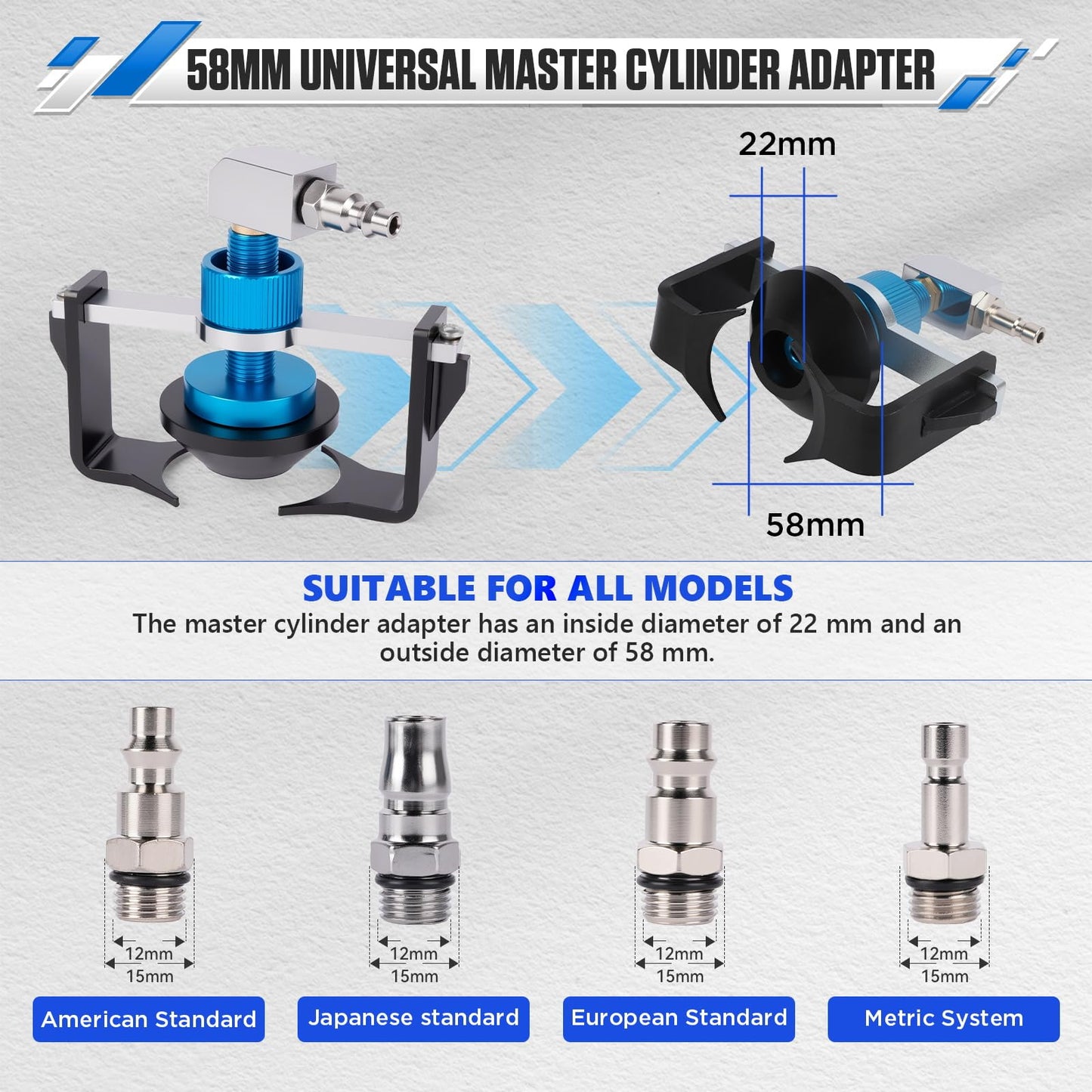 Universal Master Cylinder Adapter with 4Pcs Quick Connect, 58mm Brake Bleeder Adapter for Honda, Toyota & All Vehicles