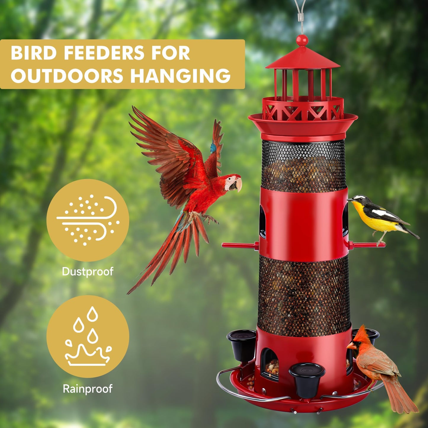 Decflow Bird Feeders for Outdoors Hanging, Wild Bird Feeder for Outside Bird with Three Water Cups, 4 lbs Large Capacity Durable Metal Bird Seed Feeder for Small Birds