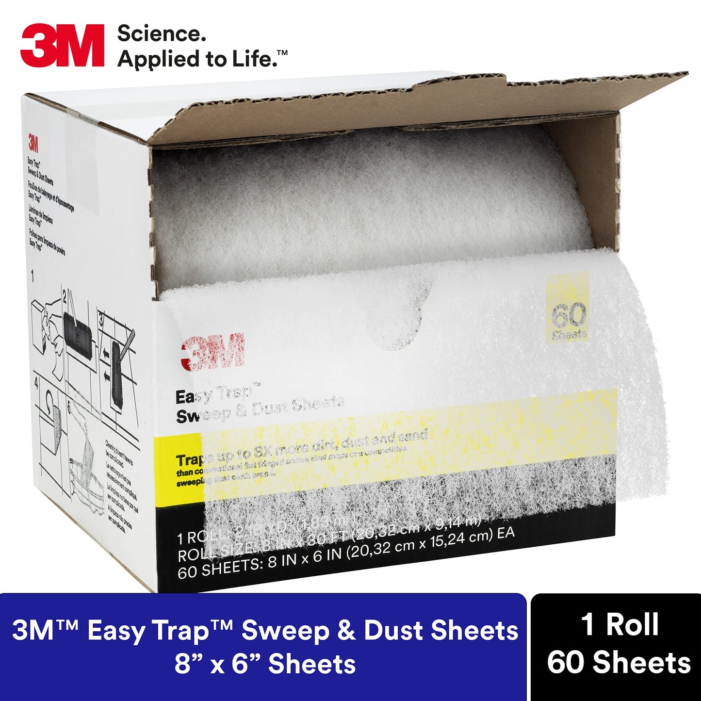 3M Easy Trap Sweep and Dust Sheets, 1 Roll of 60 8" x 6" Sheets, Disposable Easy Sweep Floor Duster, Picks Up 8X More Dirt, Dust, Sand, Hair, Works on Dry or Wet Surfaces, Hardwood Floors, 59152W
