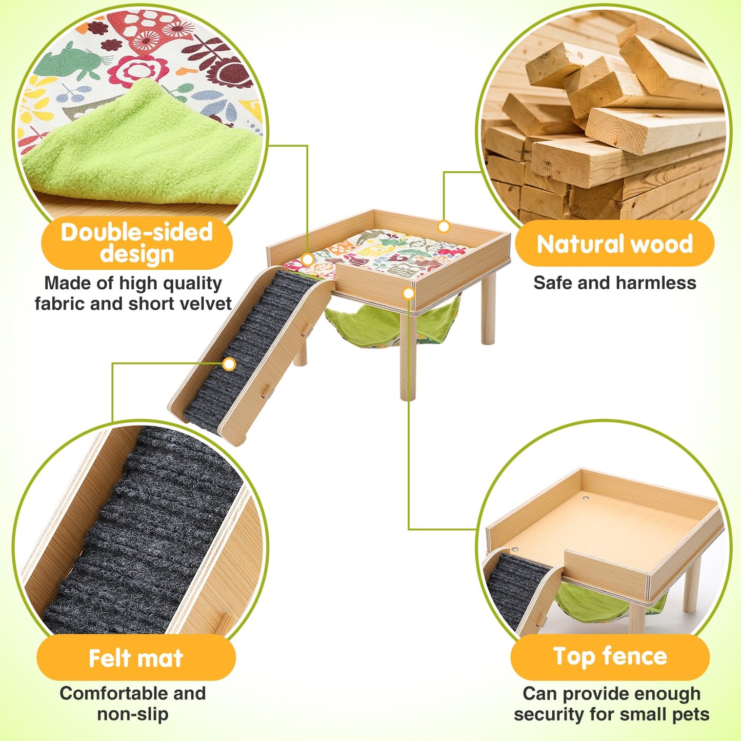 Guinea Pigs Hammock with Platform, Safe Wooden Guinea Pig Hideout with Stairs, Durable Small Pet Bed for Piggies Chinchilla Rat Hamster Bunny (Single Hammock)