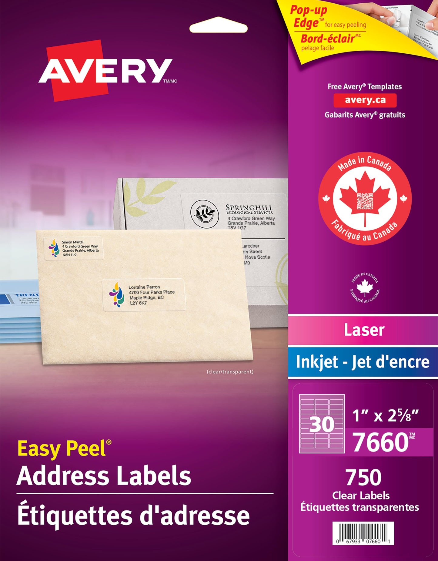 Avery Clear Rectangle Labels with Easy Peel for Laser and Inkjet Printers, 1" x 2-5/8", Glossy Clear, 750 Labels, Permanent (7660) Made in Canada