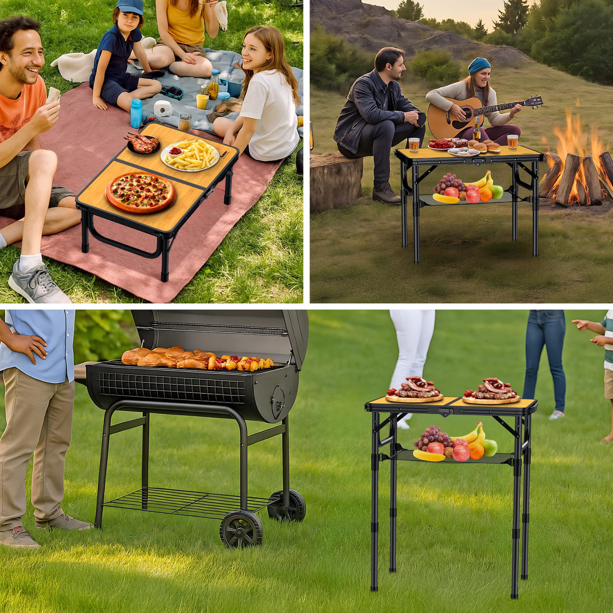 Anbte 2ft Folding Camping Table with Storage Net, 3 Adjustable Heights Aluminum Small Folding Table, Lightweight, Portable Handle, for Travel Outdoor Beach Camping Picnic, 23.2" x 16", Yellow