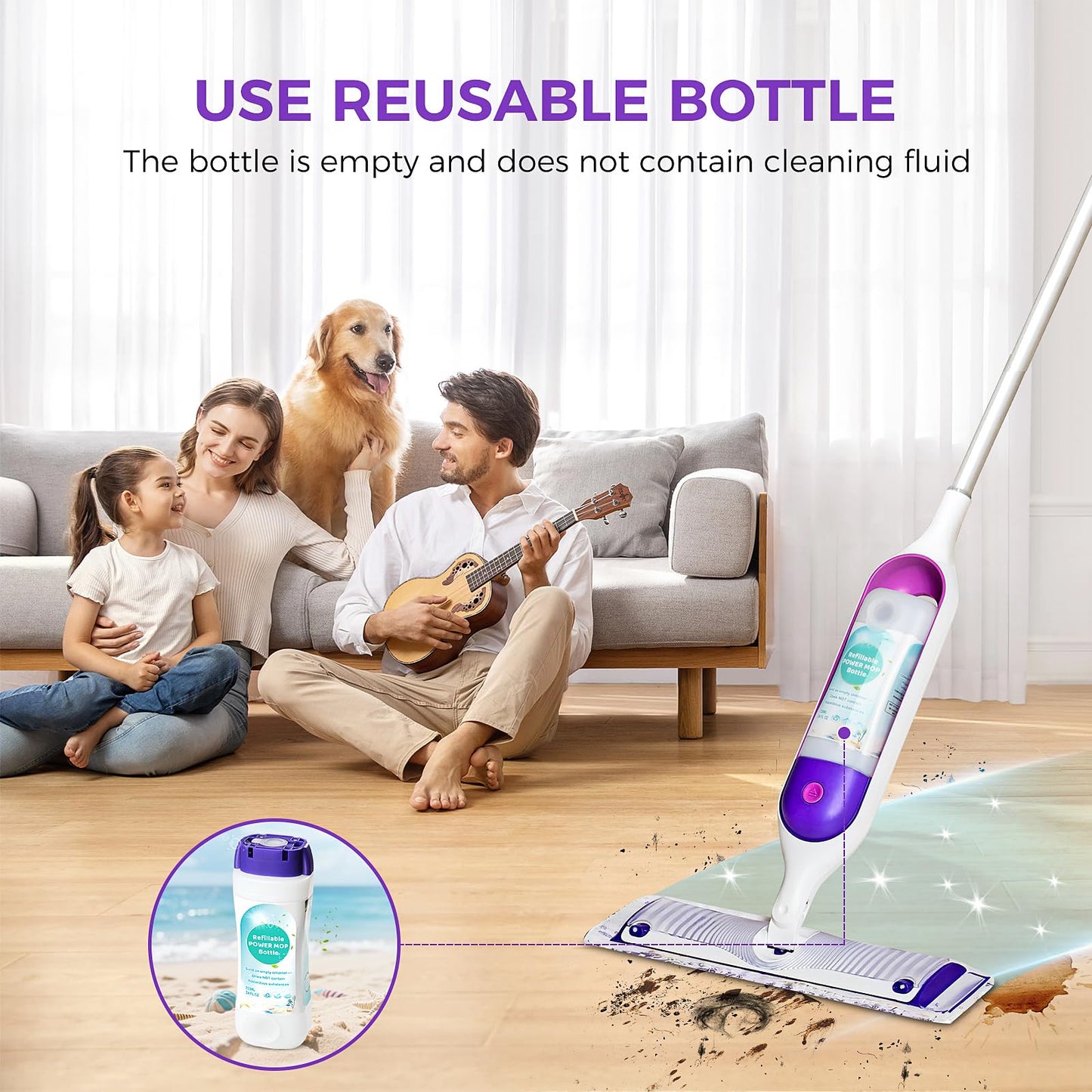 DrFlito Refillable Bottle Compatible with Swiffer Power Mop – 720ML / 24 FL.OZ Leak-Proof HDPE Reusable Solution Container with 7 Sealing Pads & 1 Folding Funnel, Use Any Liquid Cleaner,Empty
