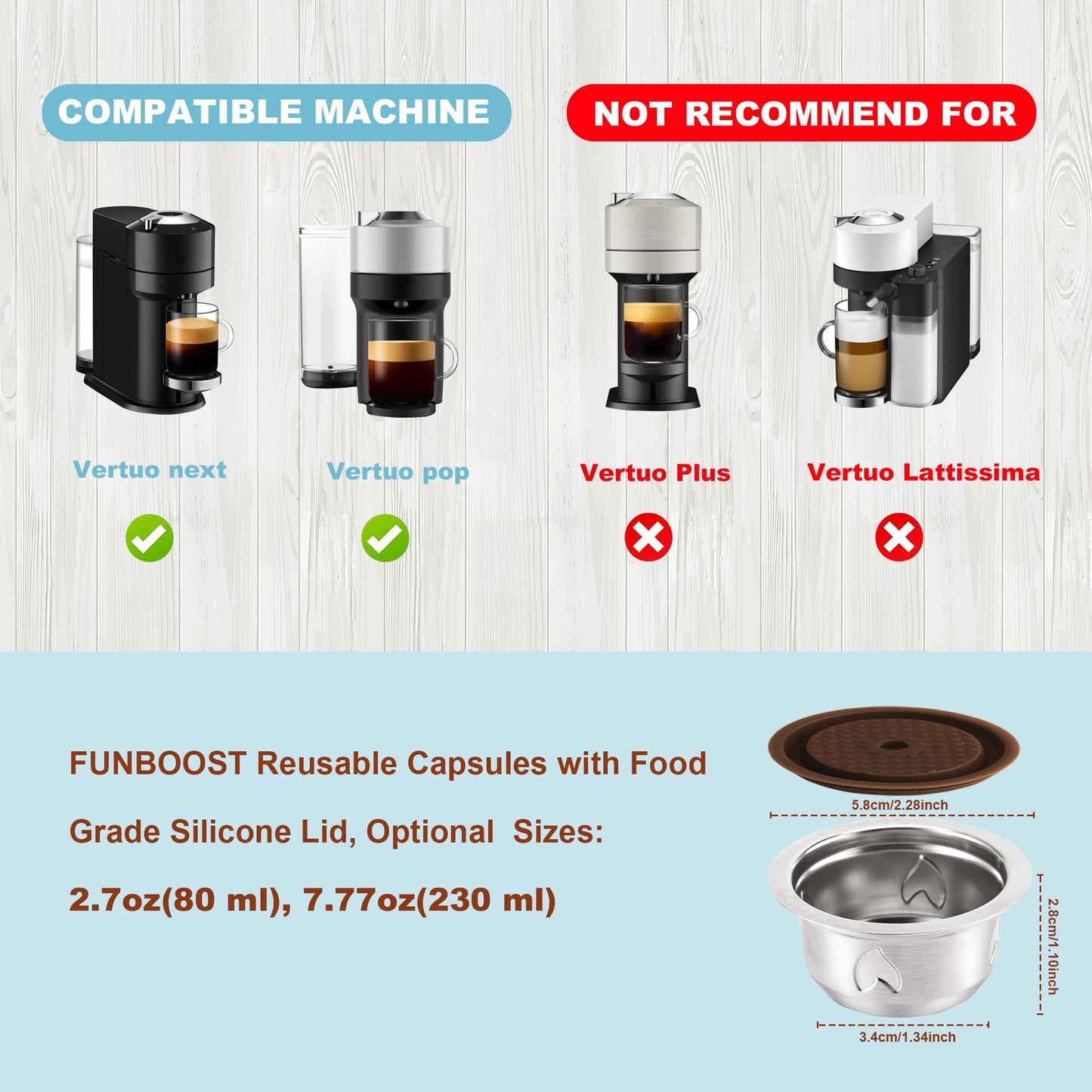 Reusable Coffee Pods, Stainless Steel Refillable Coffee Capsules for Vertu Machine, ONLY Compatible with Vertu pop & Vertu next, with 1 Pcs Silicone Lids, Scoop, Brush, Ashtray (7.77oz Coffee Cup)