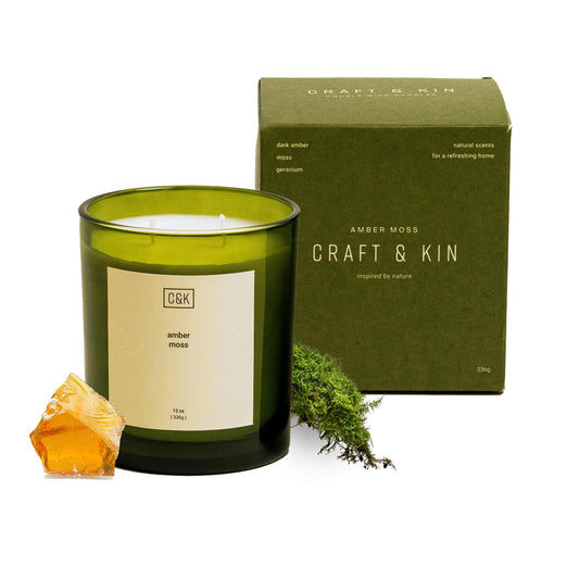 Craft & Kin Green Scented Candles | 12oz Amber Moss Spring Scented Candle for Men and Women | Made with Natural Soy | Nature Collection