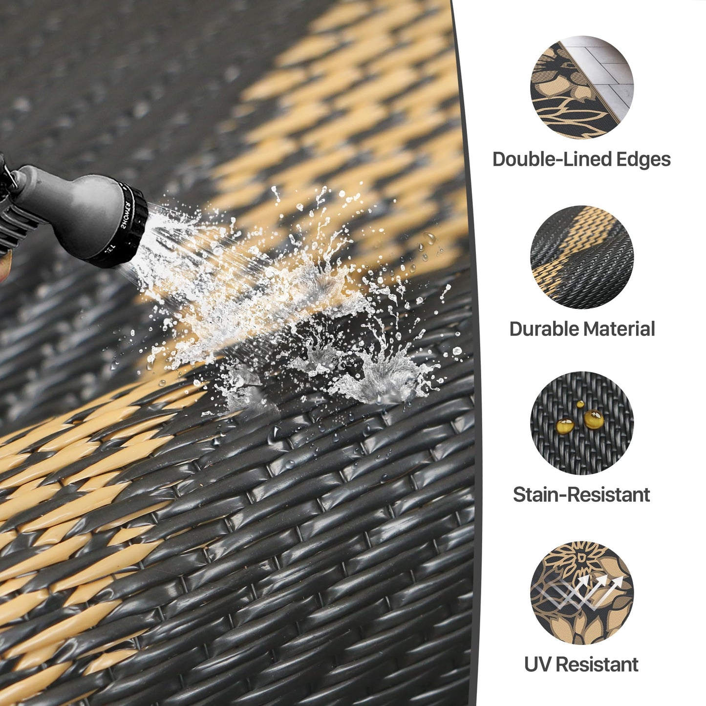 GENIMO Outdoor Rug Waterproof for Patio Decor, Reversible Plastic Straw Floral Camping Carpet, Large Area Rugs Mats for RV, Camper, Deck, Balcony, Porch, Beach, Picnic, Black & Brown
