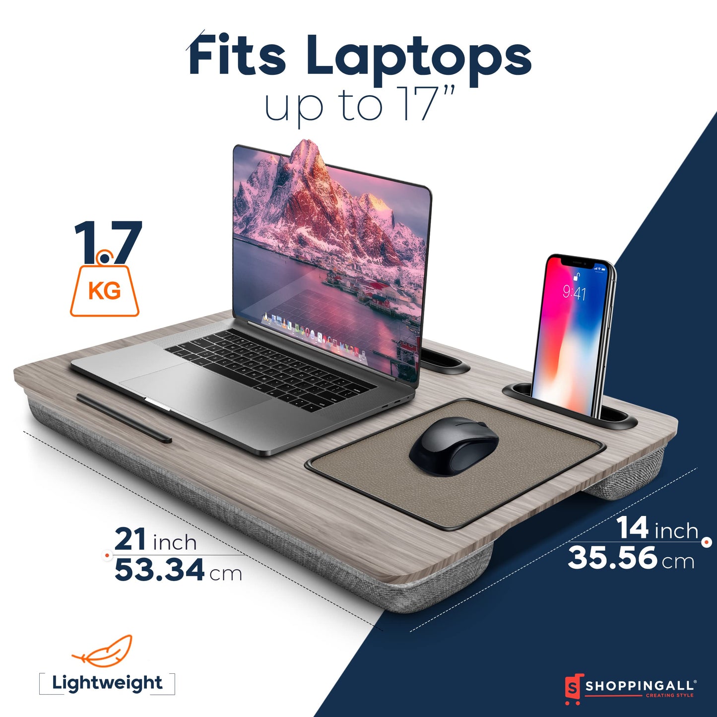 SHOPPINGALL Lap Desk Portable Laptop Stand Desk Fits up to 17" Laptop with Cushion Mouse Pad, Tablet & Cellphone Holder Slot for Sofa Couch & Bed, Home & Office Portable Desk - SA-BR182-Gray