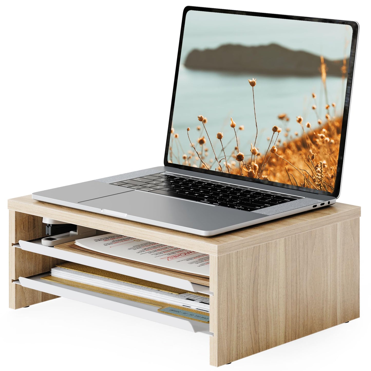 FENGE Monitor Stand, 3-Tier Monitor Riser with Slide-Out Tray, Wooden and Metal Desktop Organizer for Home Office, Computer, Laptop, Printer, Telephone,Oak