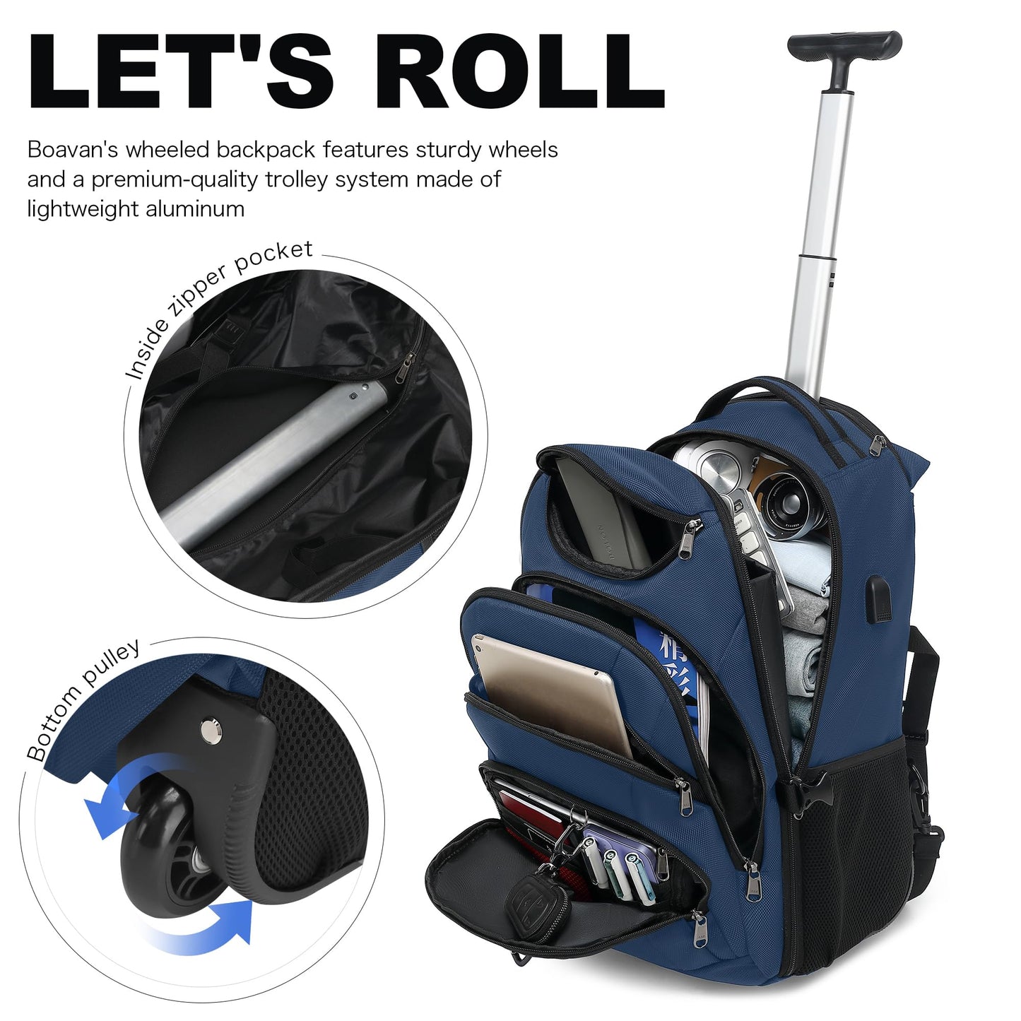 Boavan Rolling Backpack,17 inch Water Resistant Wheeled,Carry on Luggage Business Bag, Overnight College Computer Backpack Trolley Suitcase for Men Women Adults to Travel，Blue