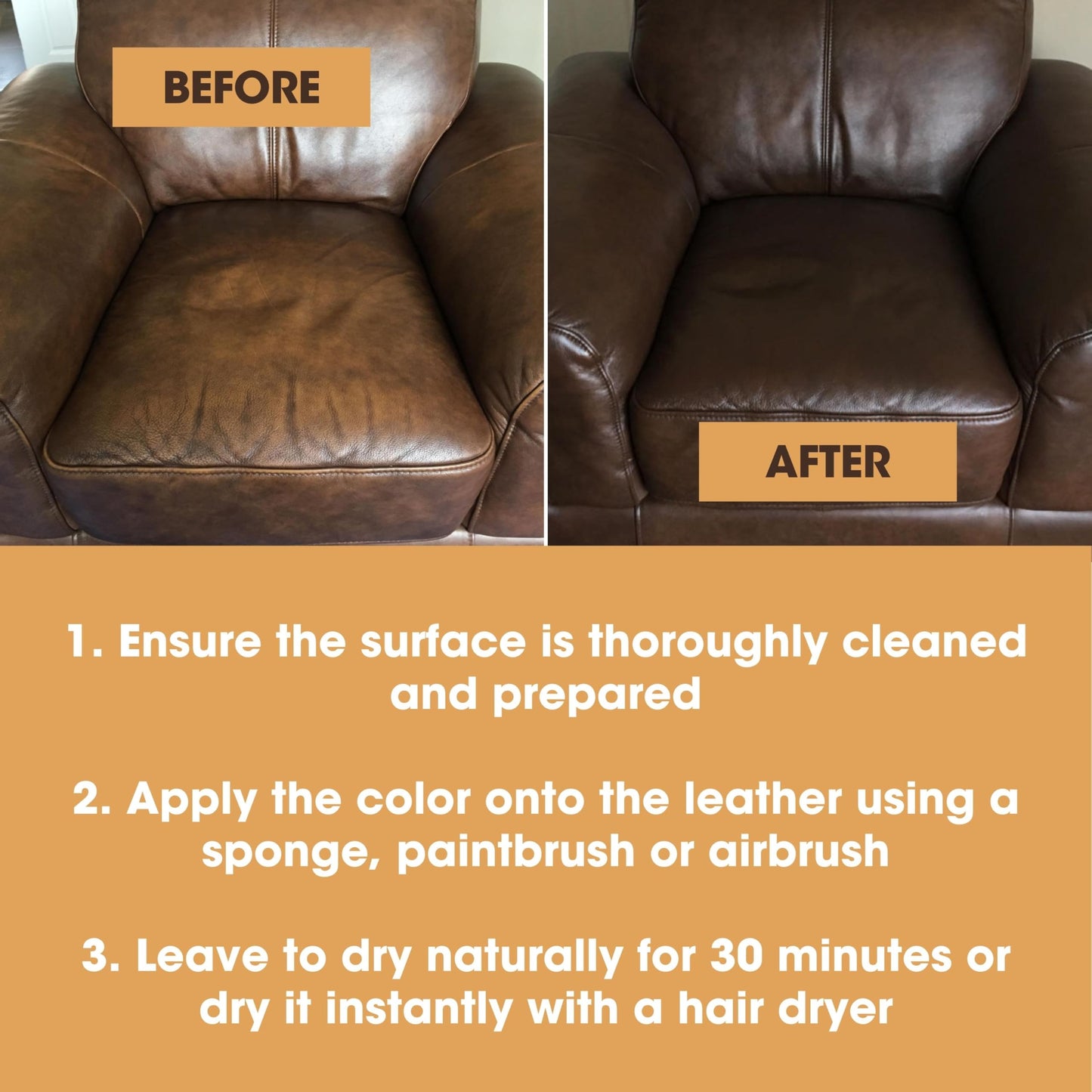 Furniture Clinic Leather Repair Paint | 2-in-1 Seal and Color | Use on Scratches, Tears, and Holes in Car Seats, Furniture | Quick and Easy Leather Repair Kit for Furniture (Black, 250ml/8.5oz)