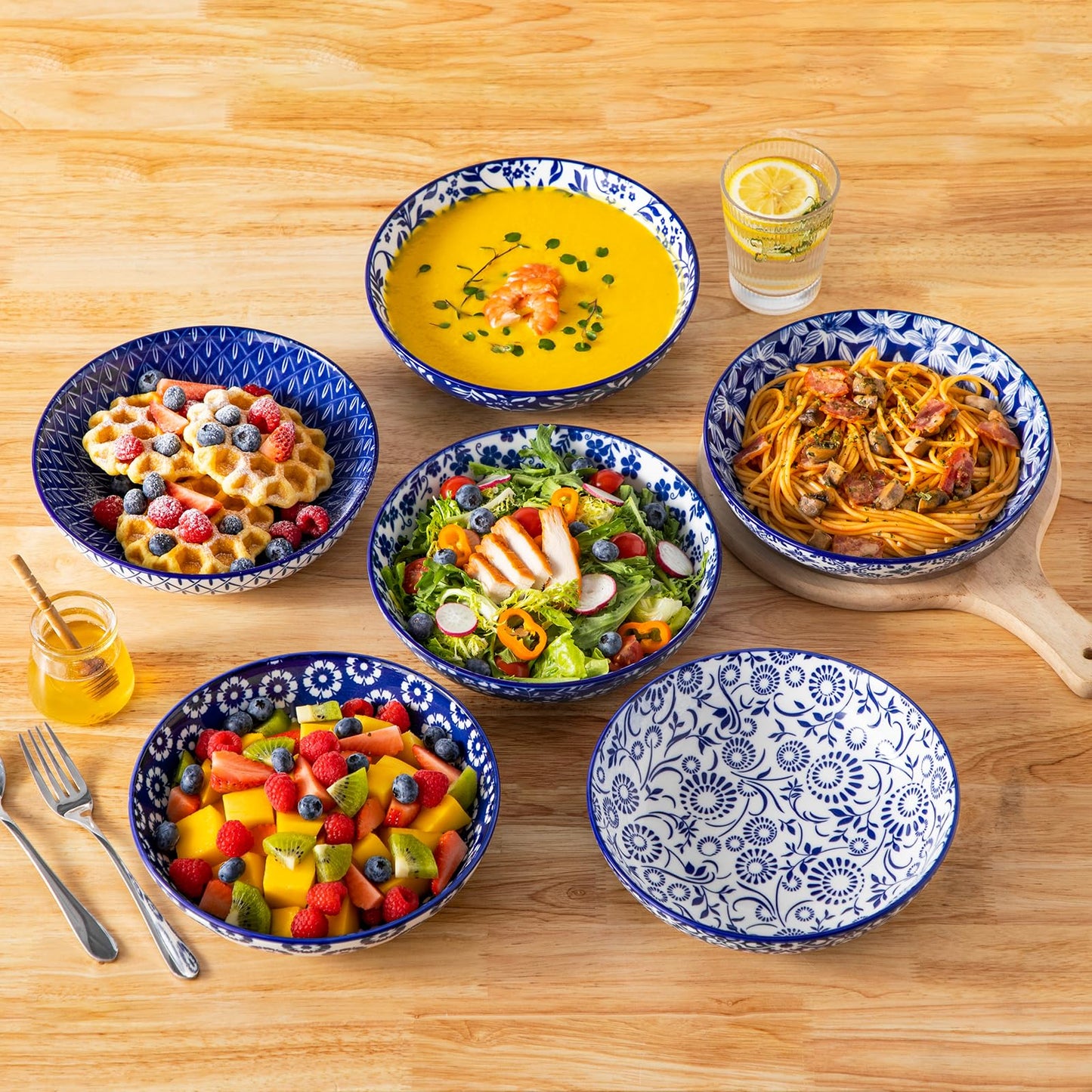 vancasso Selene 8.5" Pasta Bowls Set of 6, 40 oz Porcelain Shallow Salad Bowls, Serving Bowls Large Bowl Plates Pasta Plates, Blue & White Floral Design, Microwave Safe