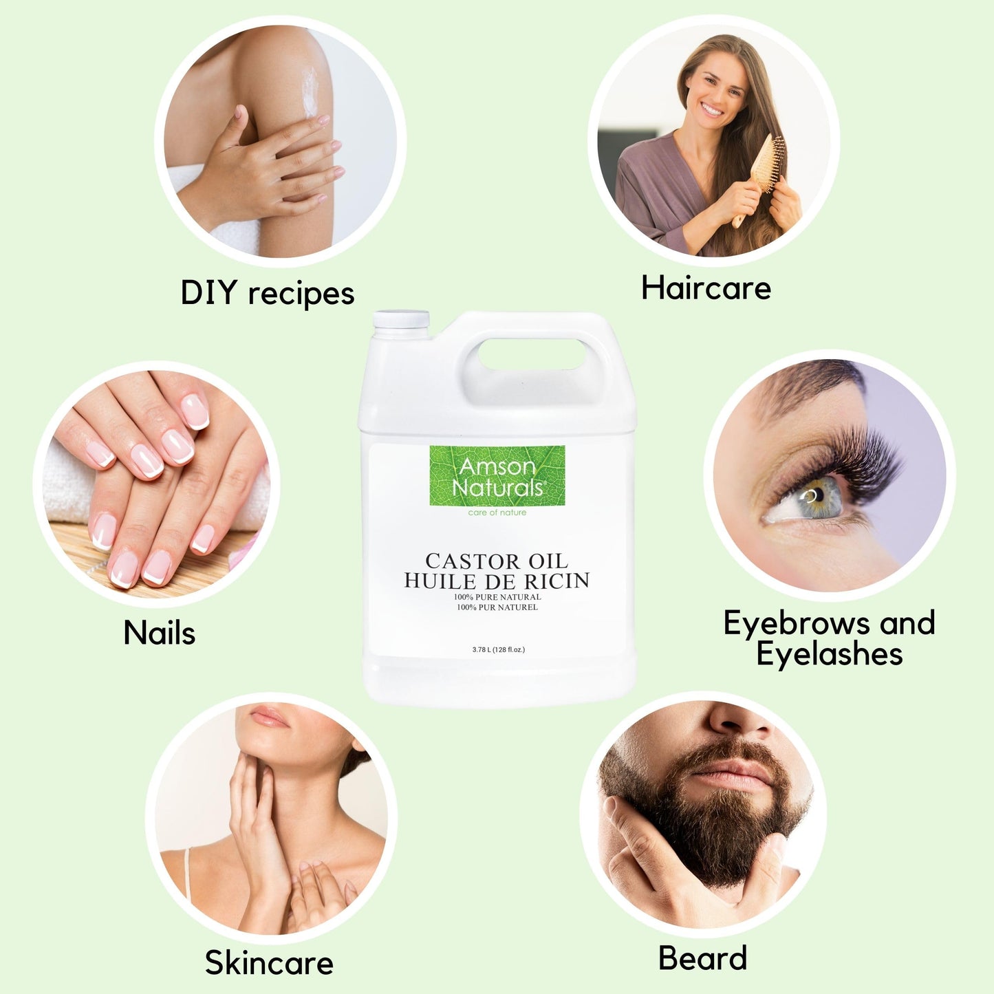 Castor Oil 3.78 Litres / 1 Gallon / 128 oz -100% Pure & Natural Castor oil for Eyelashes, Eyebrows, Lash, Beard, Hair, Nails, Skin, Cold Pressed DIY multipurpose carrier oil. Huile de ricin pour cheveux Amson Naturals