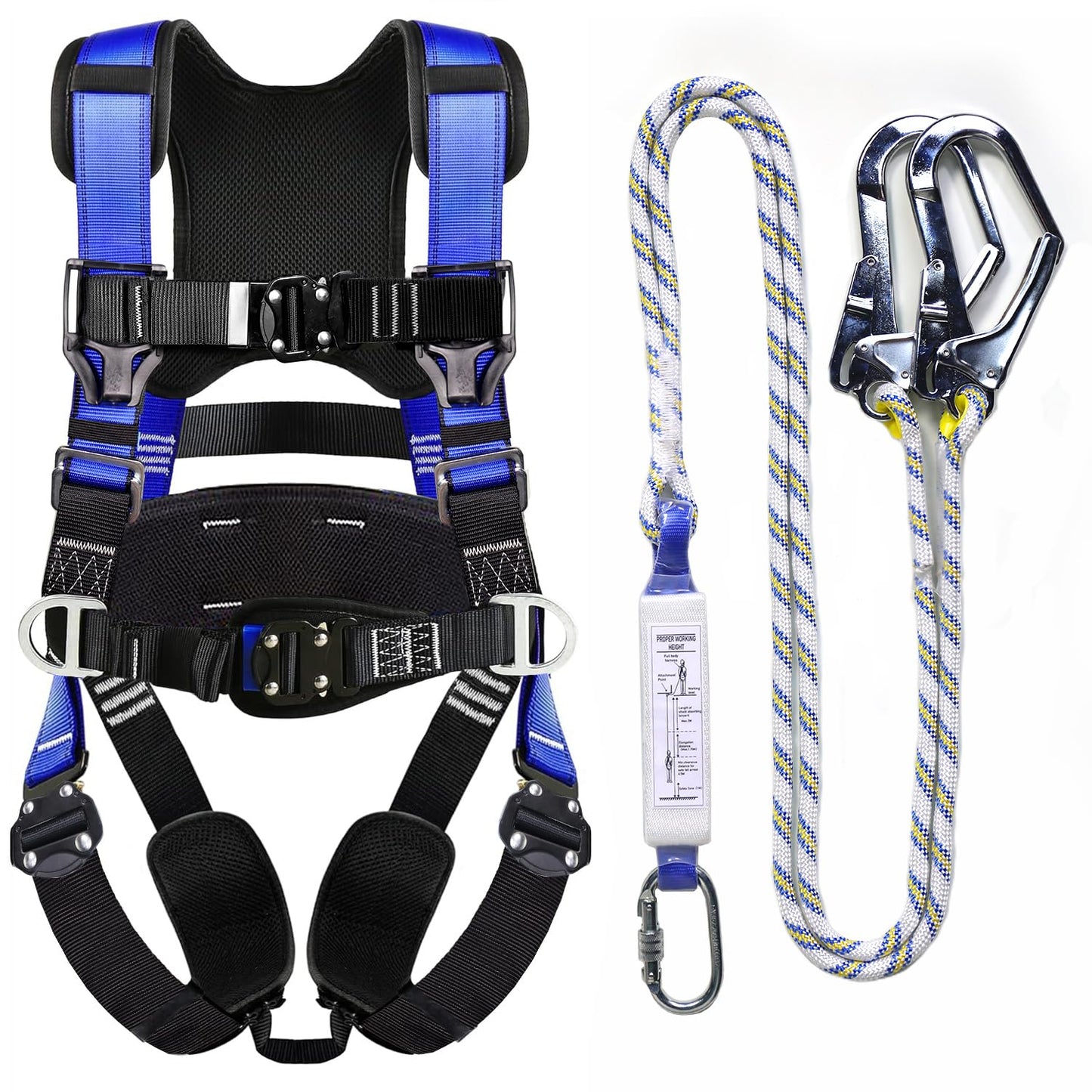 Fall Protection Premium Safety Harness with Shock Absorbing Lanyard, Roofing Constructio Harness, Vented & Padded Shoulder, Legs & Back - Upgrade 4 Quick Buckles (Blue)