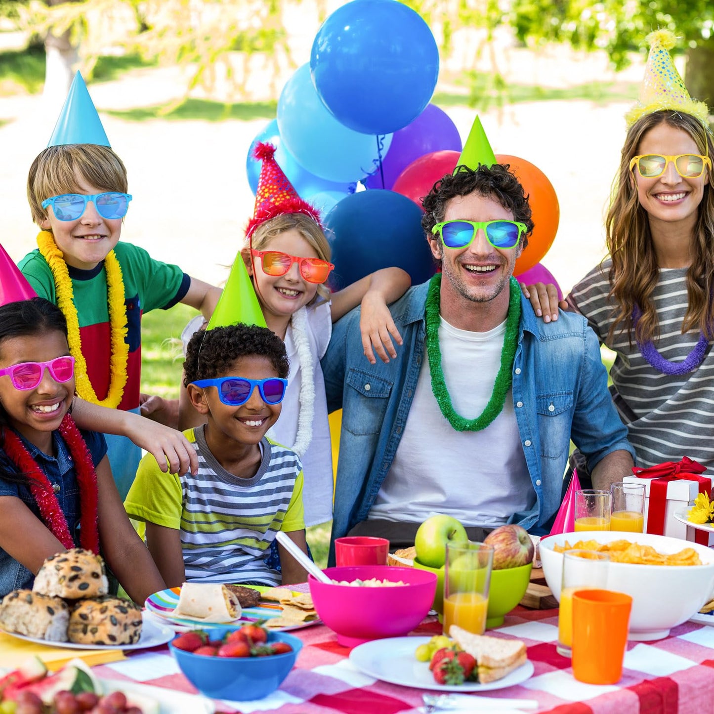 Bouiexye 36 Pack Neon Sunglasses with Colorful Lenses in Bulk for Birthday Beach Pool Party Supplies, 12 Bright Colors