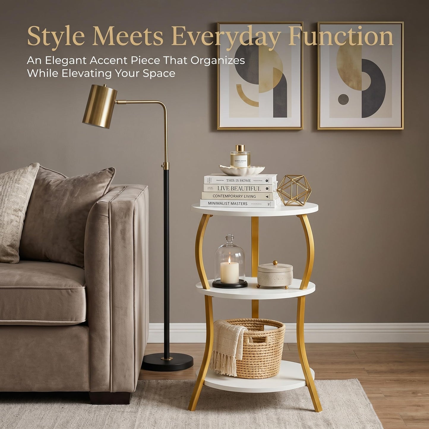 Vintage Round End Table, 3-Tier Slim Waist End Table with Storage Shelf, Small Round Table,Sofa Side Table,Small Round Vintage Table (Classic, White+Gold)