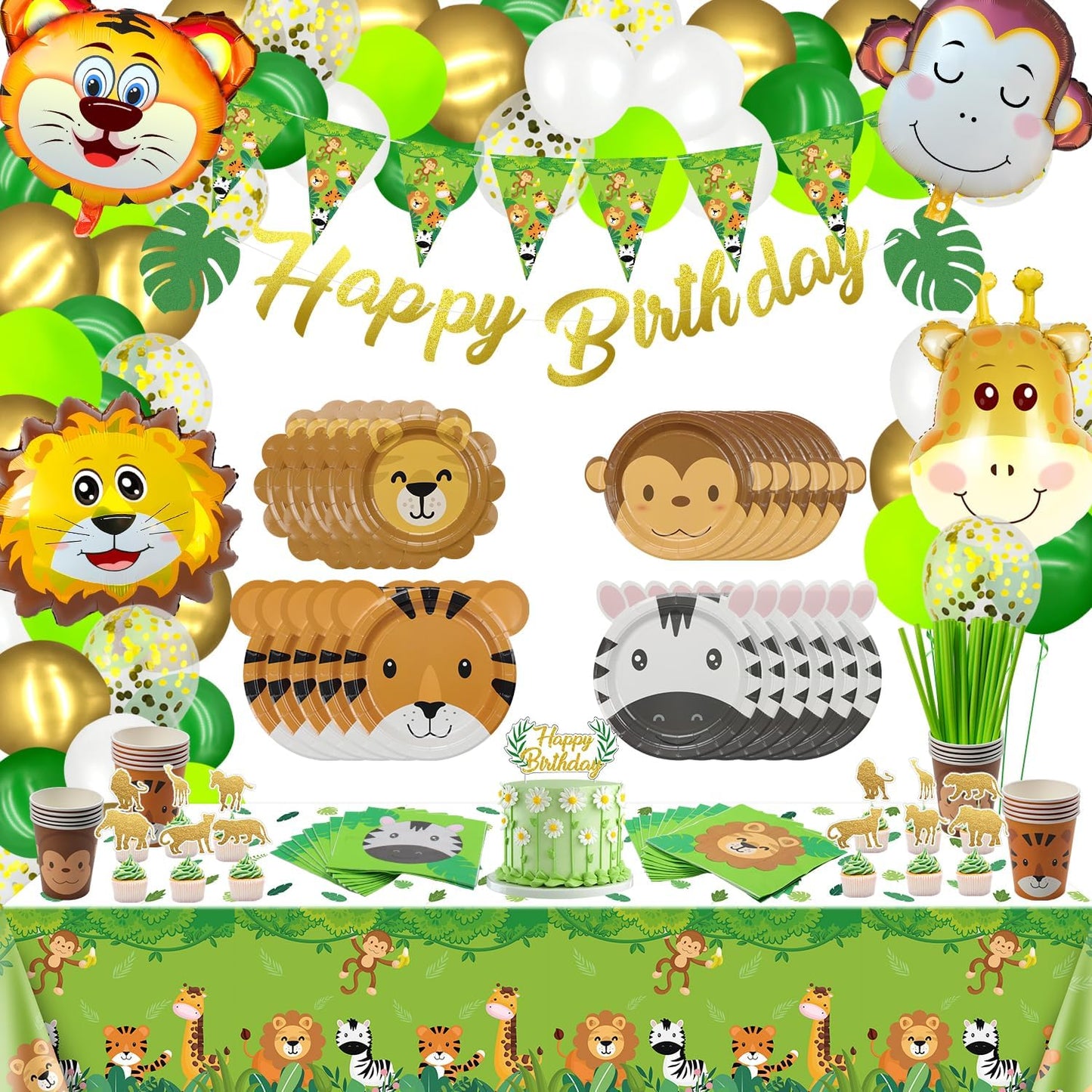 Jungle Safari Birthday Party Decorations, Animal Paper Plates, Safari Tablecloth, Animal Balloons, Happy Birthday Banner, Napkins, Animal Cups, Jungle Animal Birthday Decorations for Boys Kids