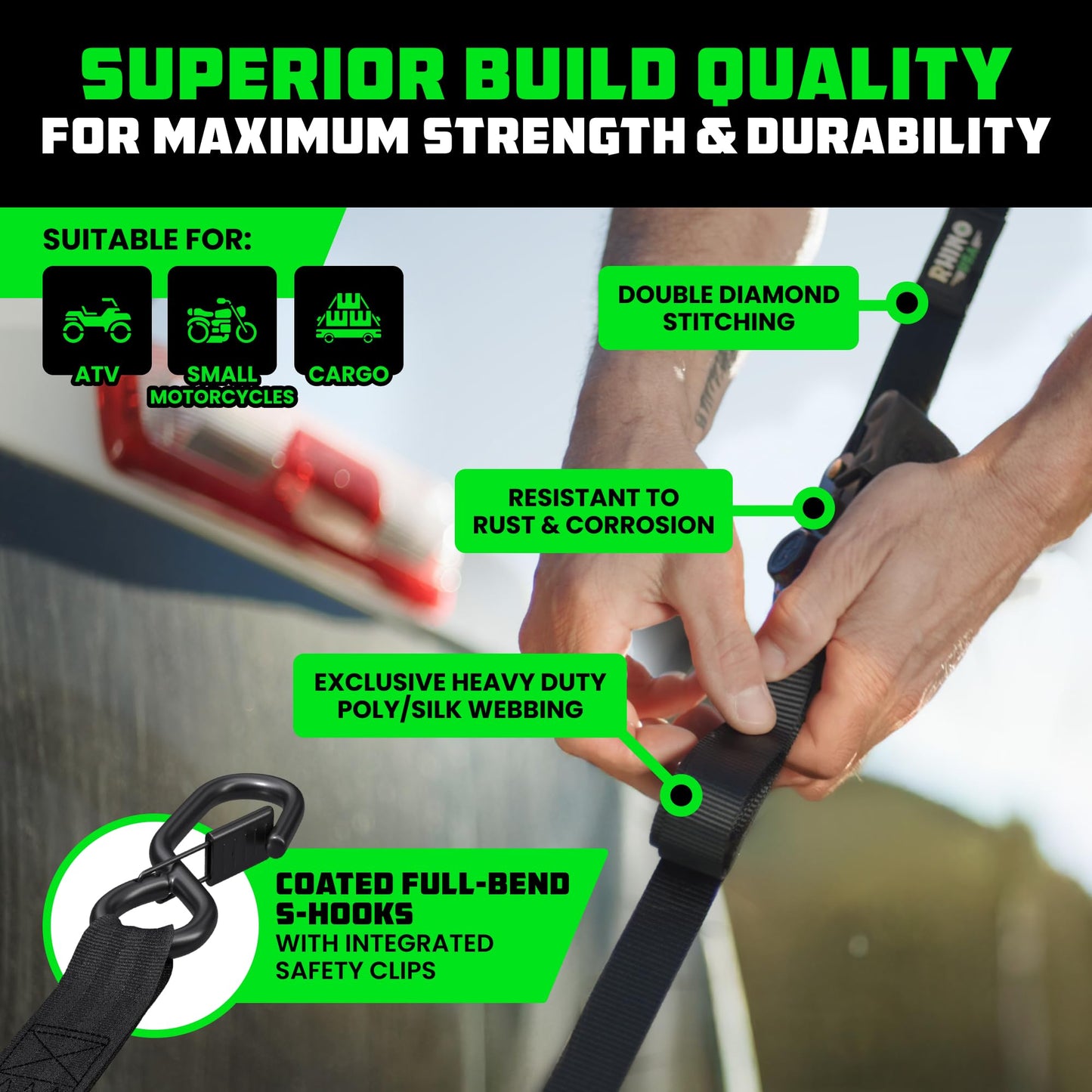 Rhino USA Retractable Ratchet Straps (2-Pack) - 1 Inch x 10 Feet (1,209lb Break Strength) - Auto Self Retracting Tie Down Straps for Truck, Cargo Trailer, Motorcycle, Rad & More - Black