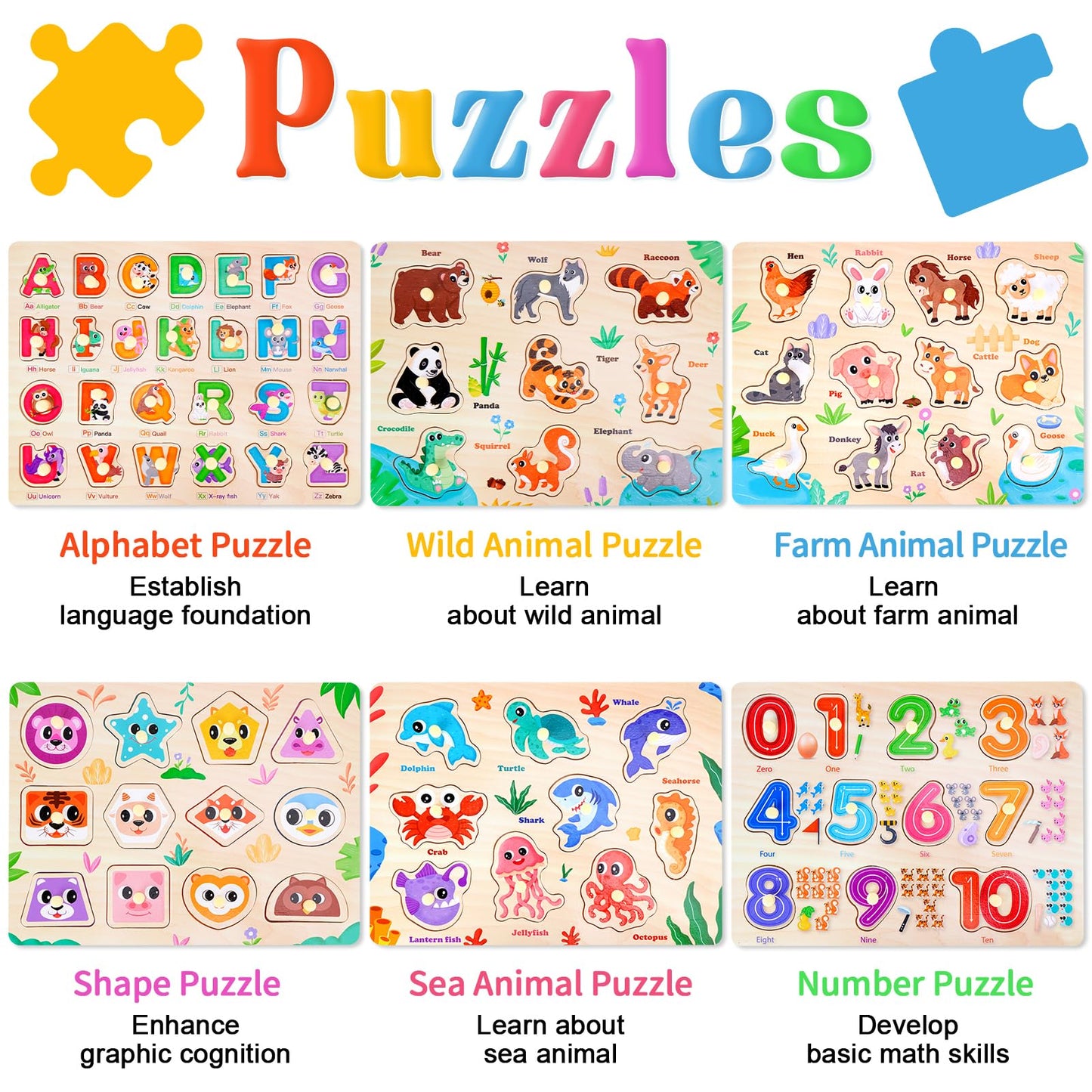 Toddler Puzzles Montessori Toys for 3 4 5 Years Old, 6 PCS Wooden Puzzles for Kids Ages 4-6 - Learning Alphabet, Numbers, Shapes and Animals, Educational Toys Puzzle Gifts for Girls Boys