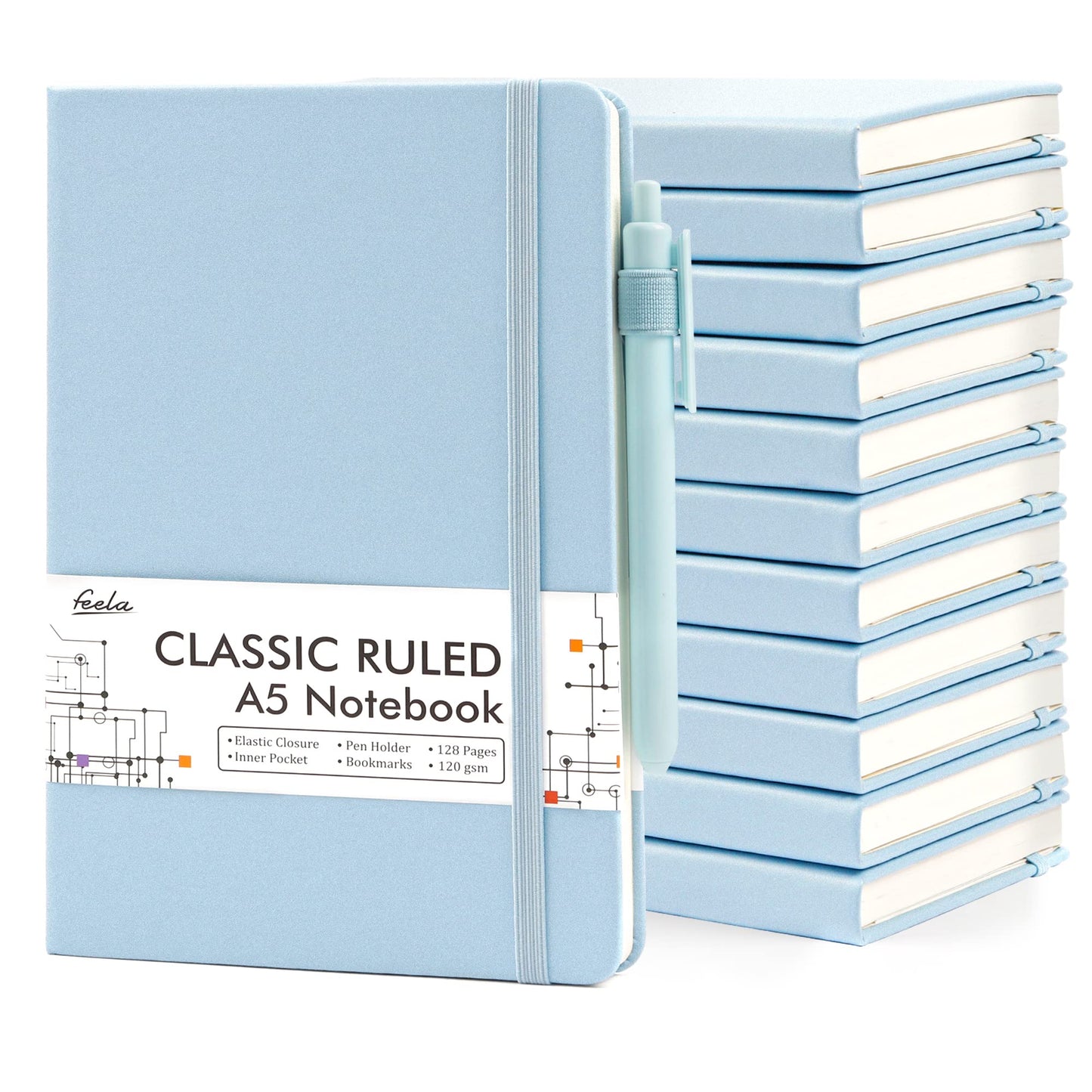 12 Pack Notebooks Journals Bulk with 12 Black Pens, Feela A5 Hardcover Notebook Classic Ruled Journal Set with Pen Holder for School Business Work Travel Writing, 120 GSM, 5.1”x8.3”, Light Blue