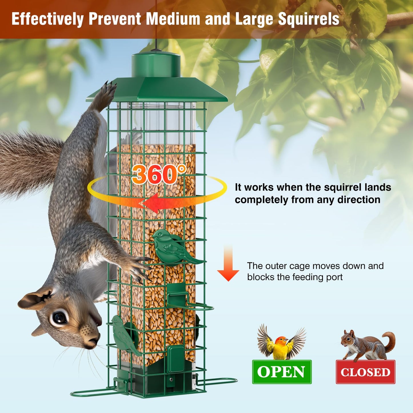 GAINSEN Squirrel Proof Bird Feeder, Metal Bird Feeders for Outdoors Hanging, Weight Activated, 3 Lb Capacity, 4 Ports, Tube Bird Feeder for Outside, Cardinal Finch Bluebird Wild Bird Feeder