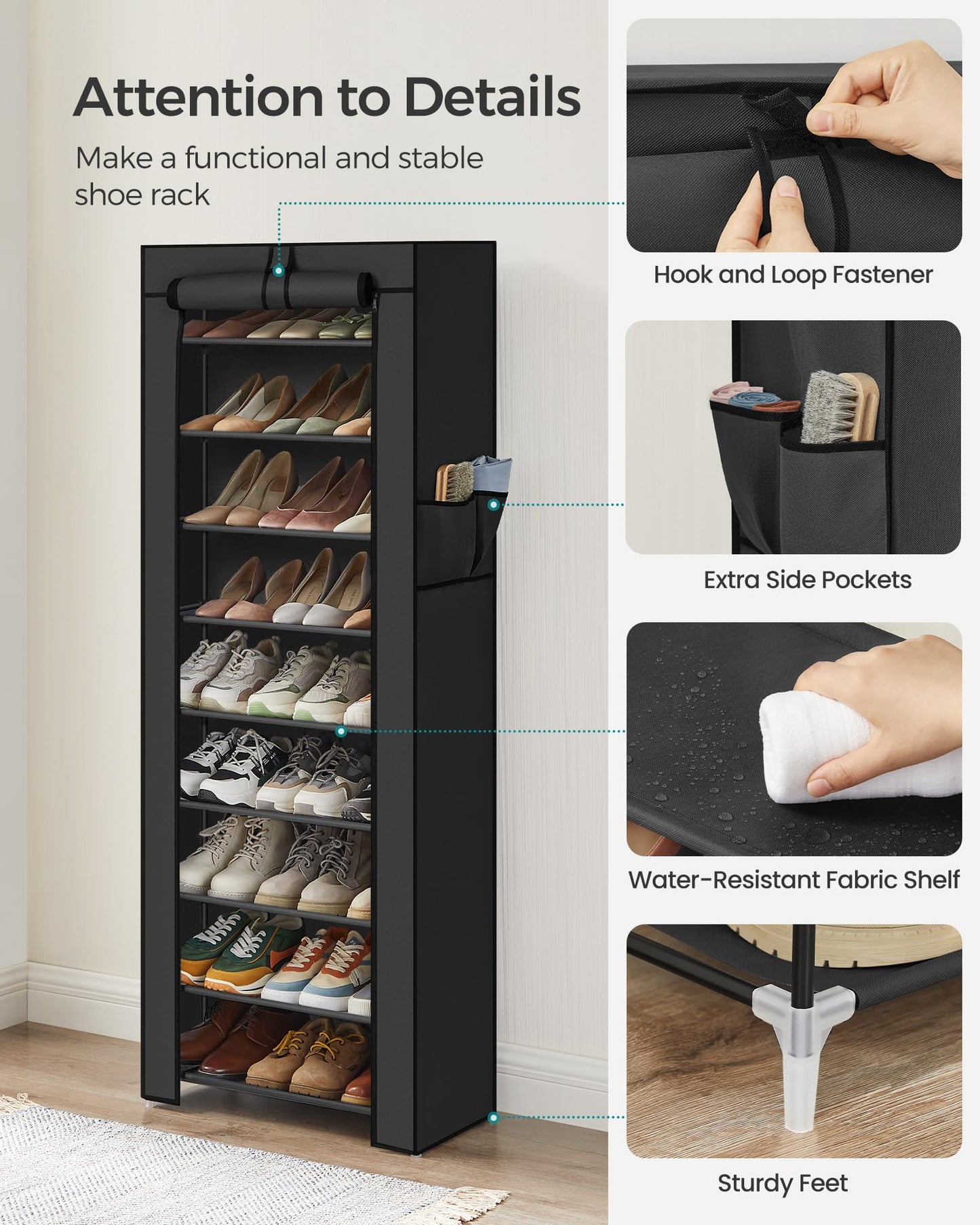 SONGMICS 10-Tier Shoe Rack, Shoe Storage Organizer Cabinet with Dustproof Cover, Free-Standing, for Closet, Entryway, Hold 27-35 Pairs, for Sneakers, High Heels, Black URXJ10H01