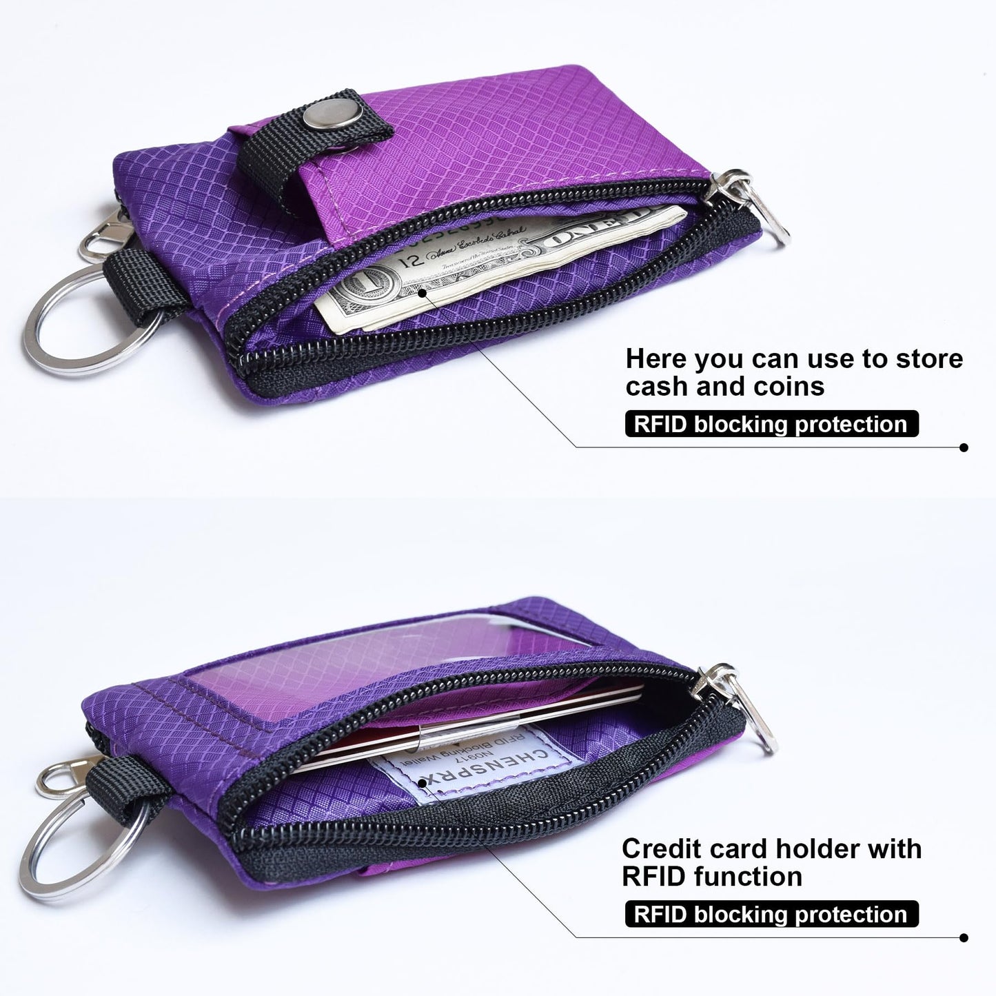 CHENSPRX Minimalist RFID Blocking Small Wallet with ID Window,WaterResistant Zip Id Case Wallet with Lanyard Keychain for Cards,Cash,Travel,Women,Men, GreenOnion+DarkGreen (Violet+Purple)