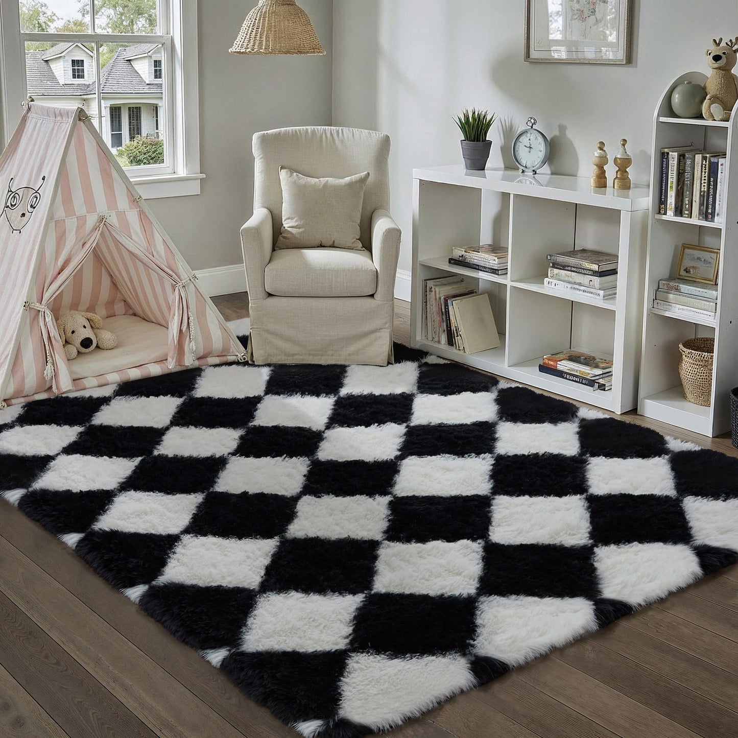 PureCozy 5x8 Black and White Checkered Rugs for Living Room Soft Modern Fluffy Shag Area Rug Washable Fuzzy Carpets Thickened Felt Bedroom Plaid Tapis Salon Plush Rug Nursery Home Dorm Aesthetic Decor