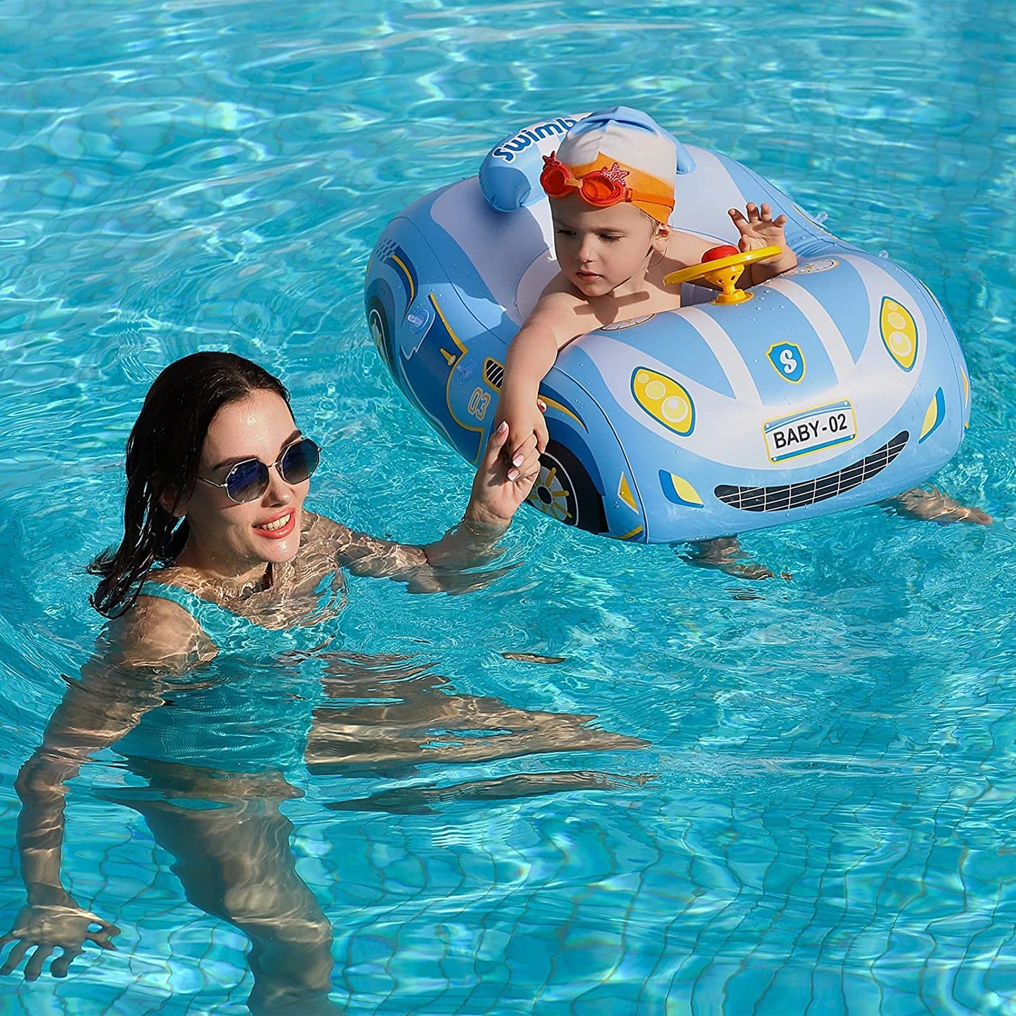 Baby Pool Float with Canopy, PVC Baby Swim Float with Sun Shade Cover, 3D Car Toddler Pool Float Swimming Floats Seat Boat for 12-18, 12-24 Months, Age 2-3, 1-4 Years (Blue Canopy)