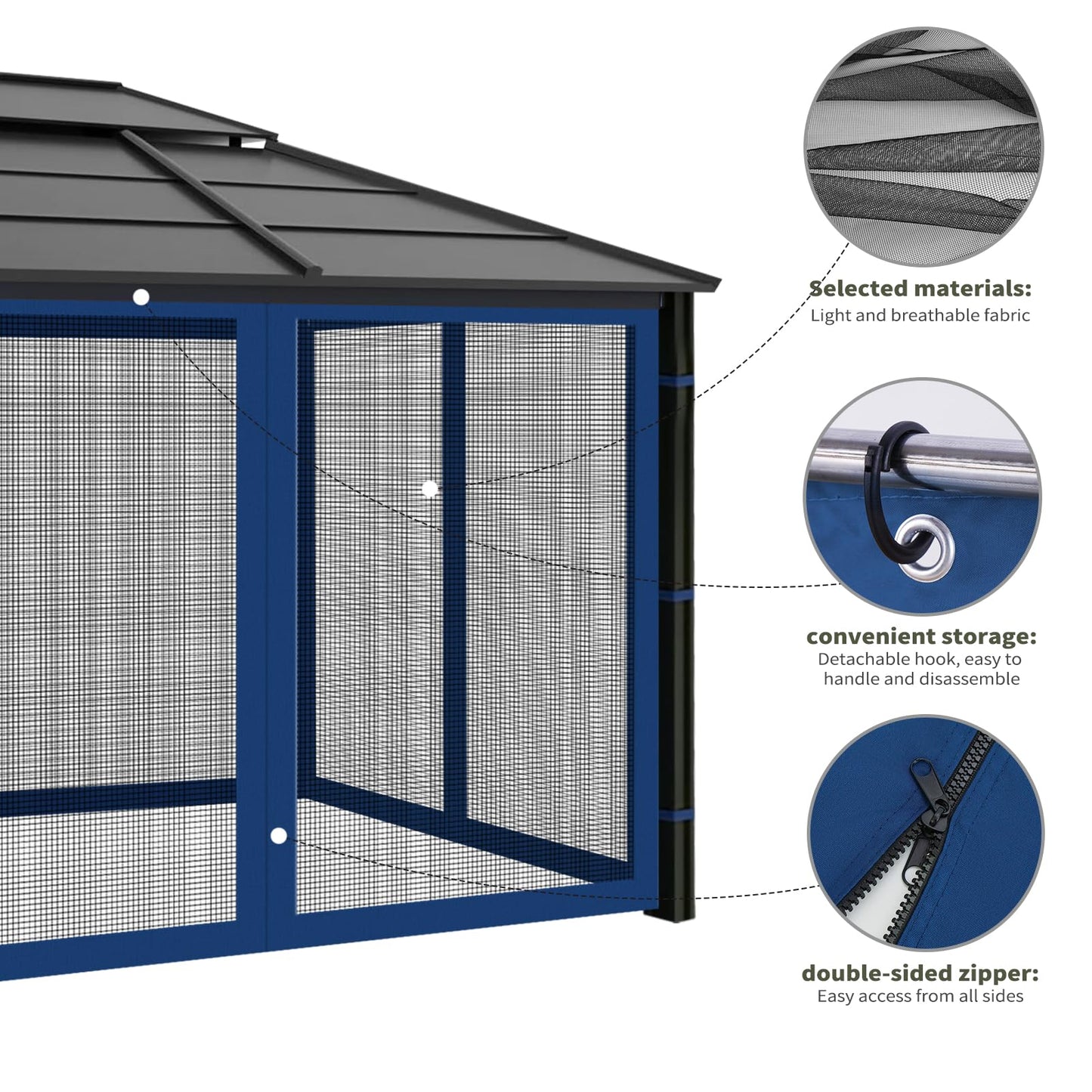Gazebo Replacement Mosquito Netting Outdoor Universal Gazebo Canopy 4-Panels Screen Sidewalls with Zipper for Patio Garden (Navy Blue, 10x10)