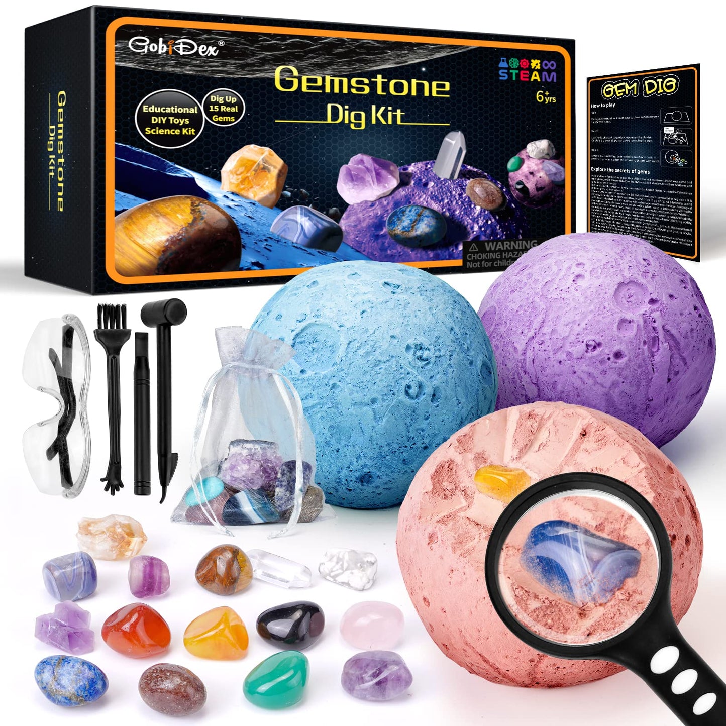 Gemstones Dig Kit, Solar System Science Kit for Kids, Excavate 15 Real Gems, STEM Educational Space Toys Moon Planet Collection Kit, Archaeology Geology Science Projects Gift for Boys & Girls Age 6+