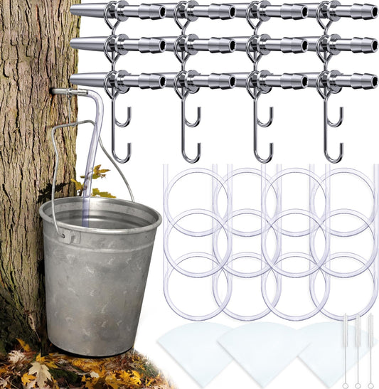 Maple Syrup Tapping Kit, (12 Set) Maple Tree Tapping Kit with Stainless Steel Maple Syrup Spiles, Hooks, 3FT Sap Tubes, Maple Syrup Filter, Metal Tree Sap Tapping Kit for Maple Syrup Making Equipment