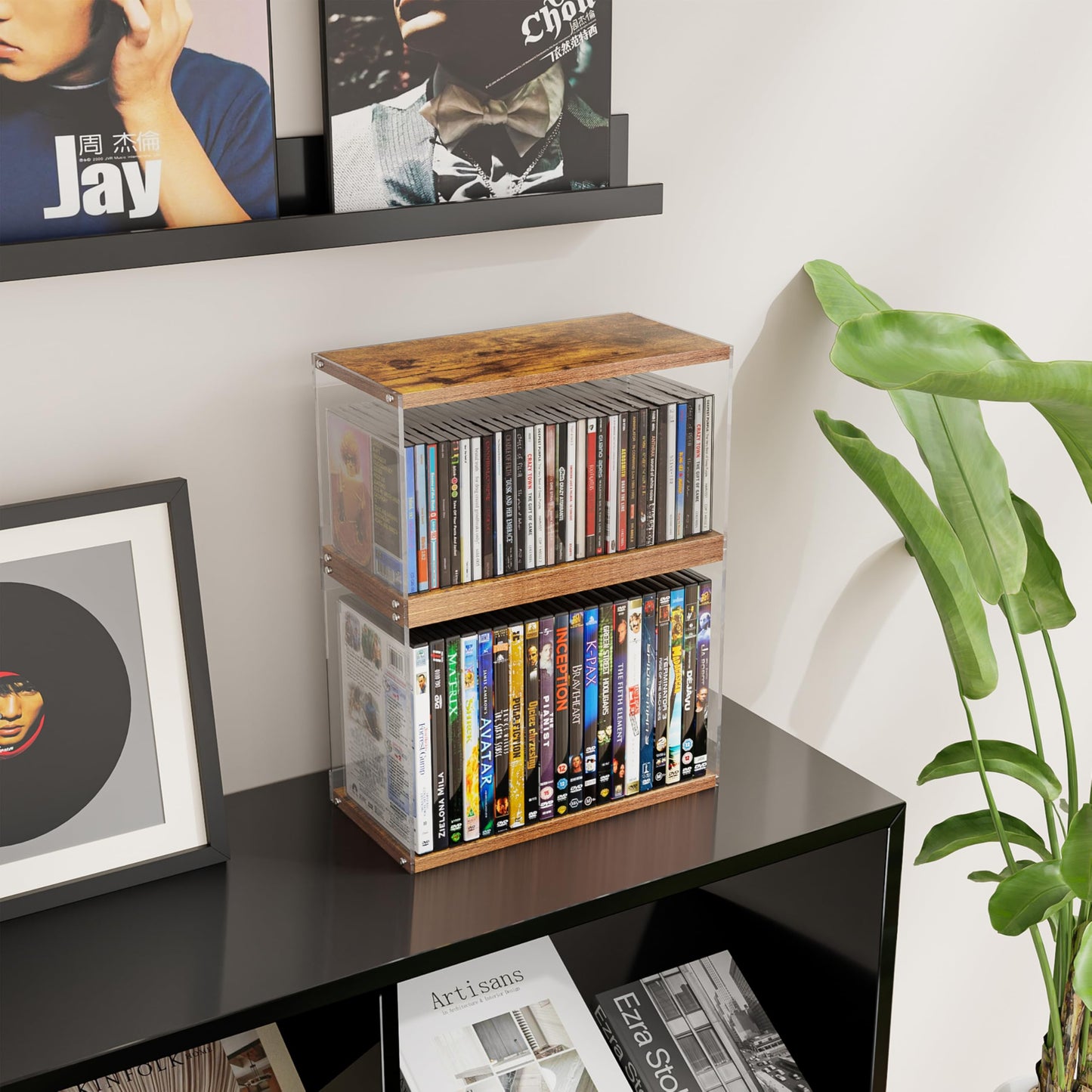 2Pack Stackable Wood Acrylic CD Holder Desk Rack Organizer Holds up to 60 CD Jewel Cases Media Storage Rack for Movie & Video Games Collections (Burning Wood)