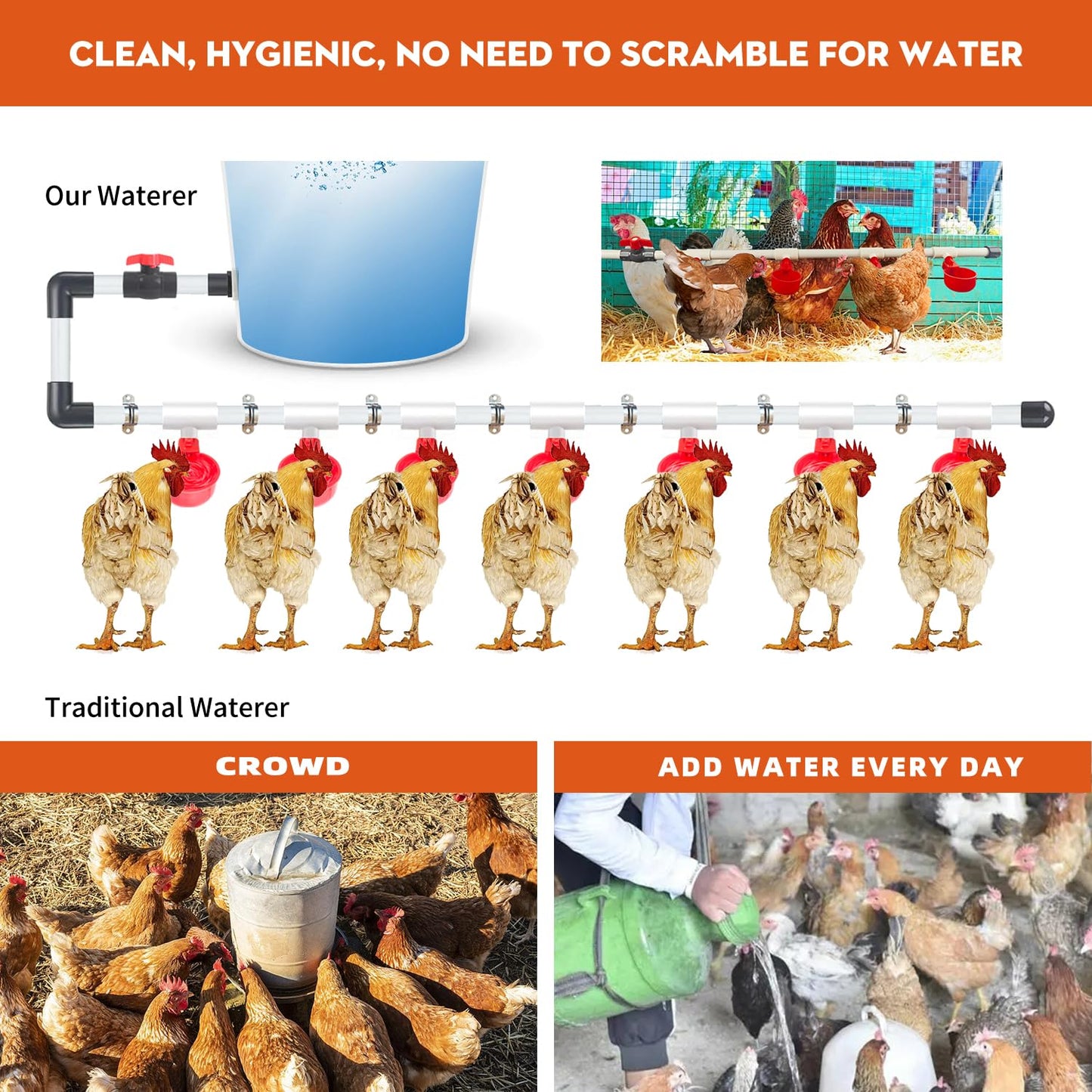Ayakol Automatic Chicken Waterer System, DIY Poultry Pipe Water Feeder Set, Include 8 Chicken Water Cups, Coop Automatic Clean Waterer, Suitable for Chicken Duck Quail Pigeon