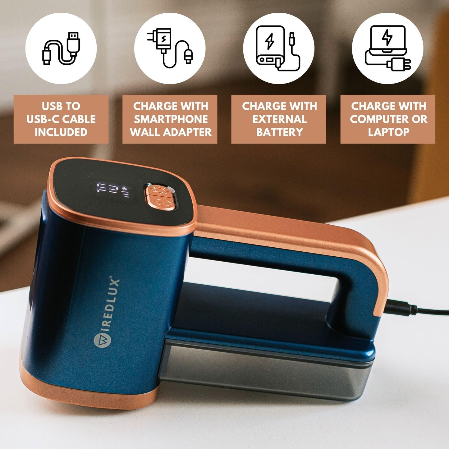 WiredLux Electric Lint Remover - Rechargeable Fabric Shaver for Clothes & Couch - Adjustable 3-Speed, 6-Leaf Blade, LED Light, USB Charging - Depiller with Dual Protection (Cobalt Blue/Copper)