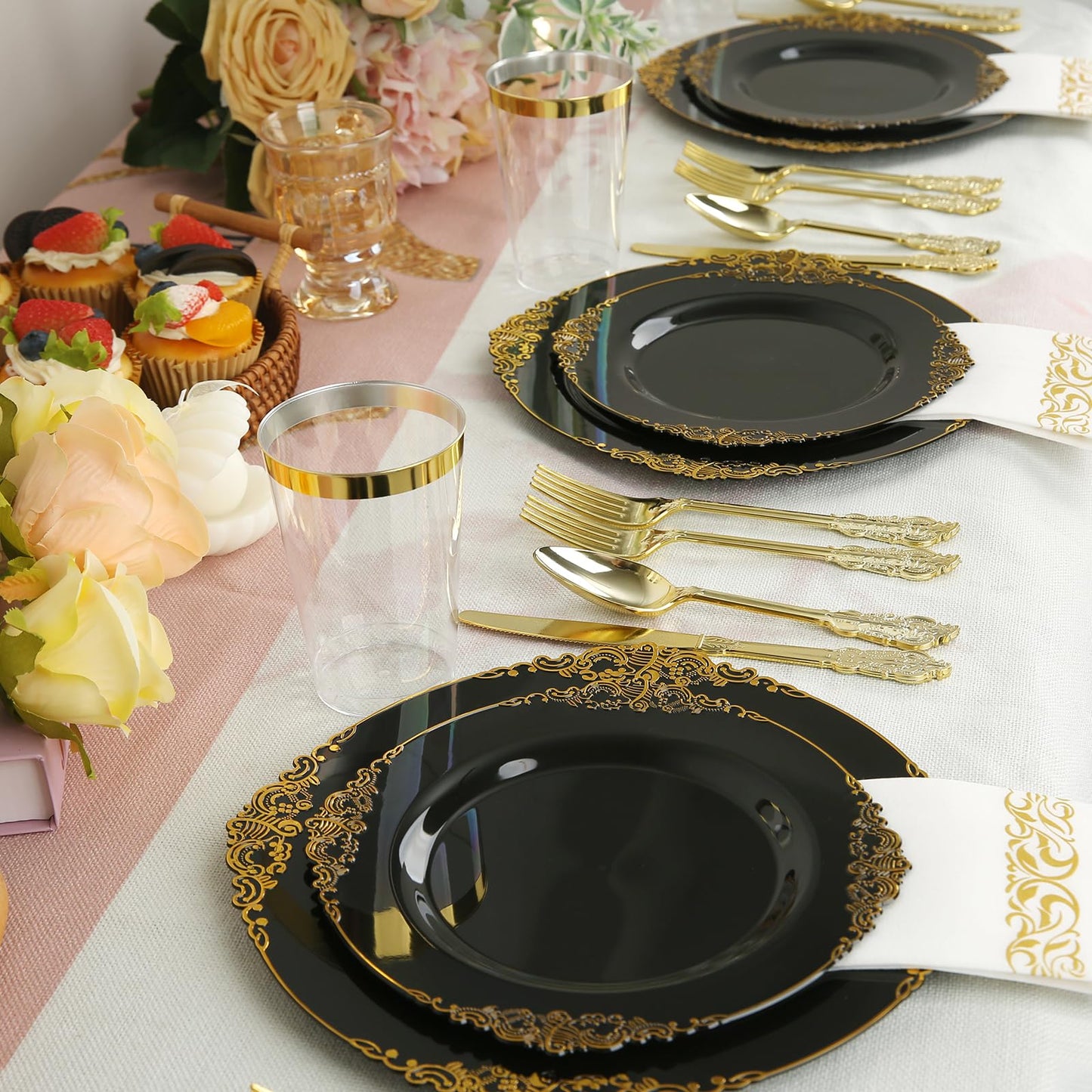 175PCS Black Plastic Plates Gold and Black Plates Heavy Duty Gold Plastic Dinnerware for 25 Guests with Gold Silverware Cups, Napkins for Parties & Birthday