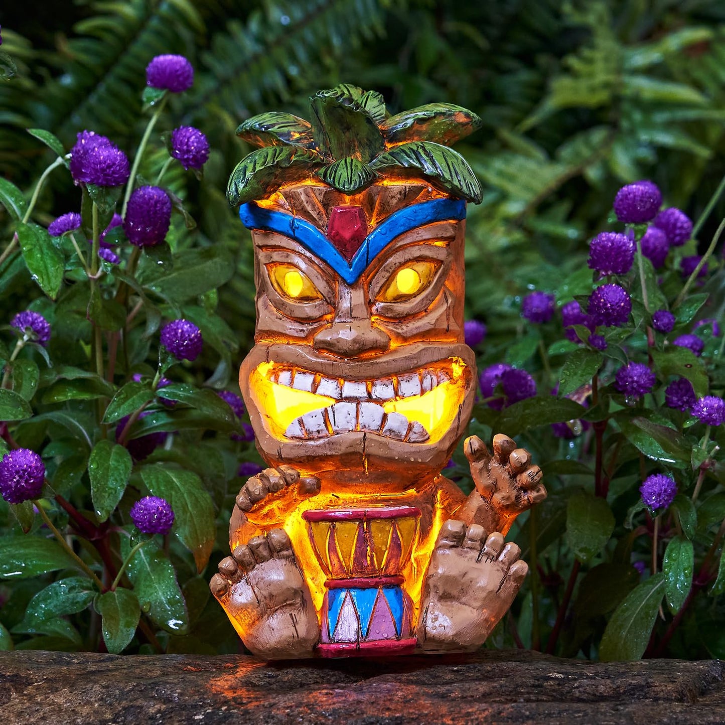 Yiosax Outdoor Tiki Statue Decoration-Solar Power Light Tiki Garden Statues-Tiki Bar Decor Totem Pole Waterproof Figurines for Garden,Patio,Balcony,Yard,Lawn Ornament,10.43 Inch Tall