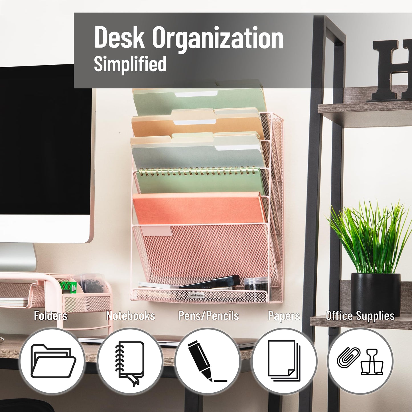 Mind Reader 5-Tier Vertical File Storage, Desktop Organizer, Wall Mount, Office, Metal Mesh, 12.75"L x 4"W x 16"H, Pink