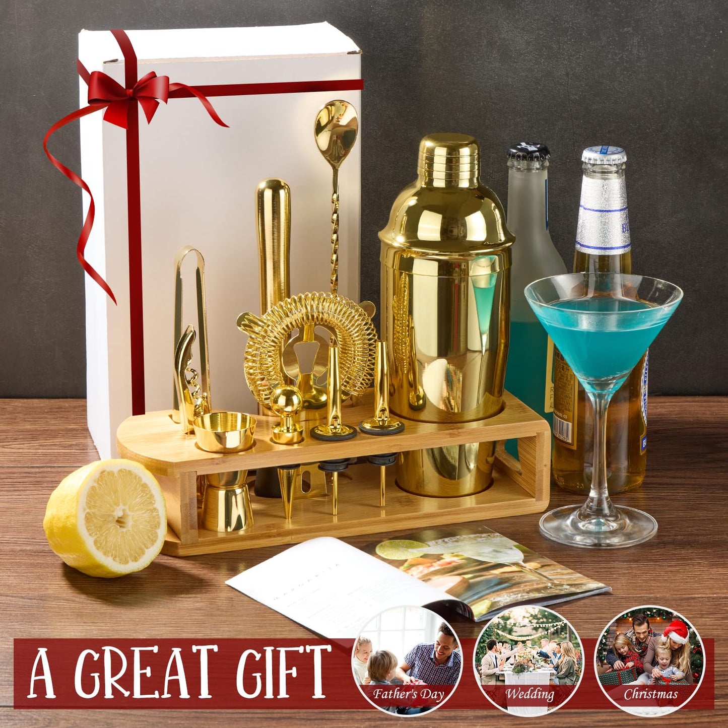 Cocktail Shaker Set Bartender Kit : 12-Piece Bar Tool Set with Bamboo Stand | Bar Set with All Practical Bar Accessories, for Drink Mixing, Bar, Home, Lounge & Party (Gold)